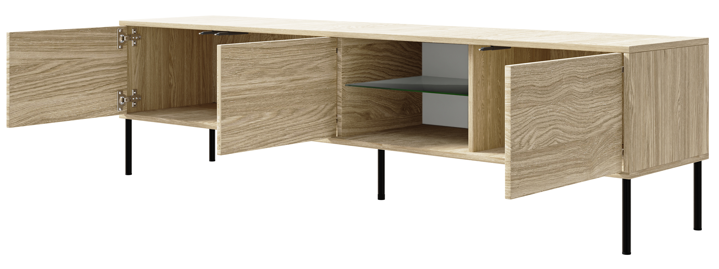 Drehtüriger TV-Schrank Modity mit Glasablage und Beleuchtung, 175 cm, Eiche auf schwarzen Beinen