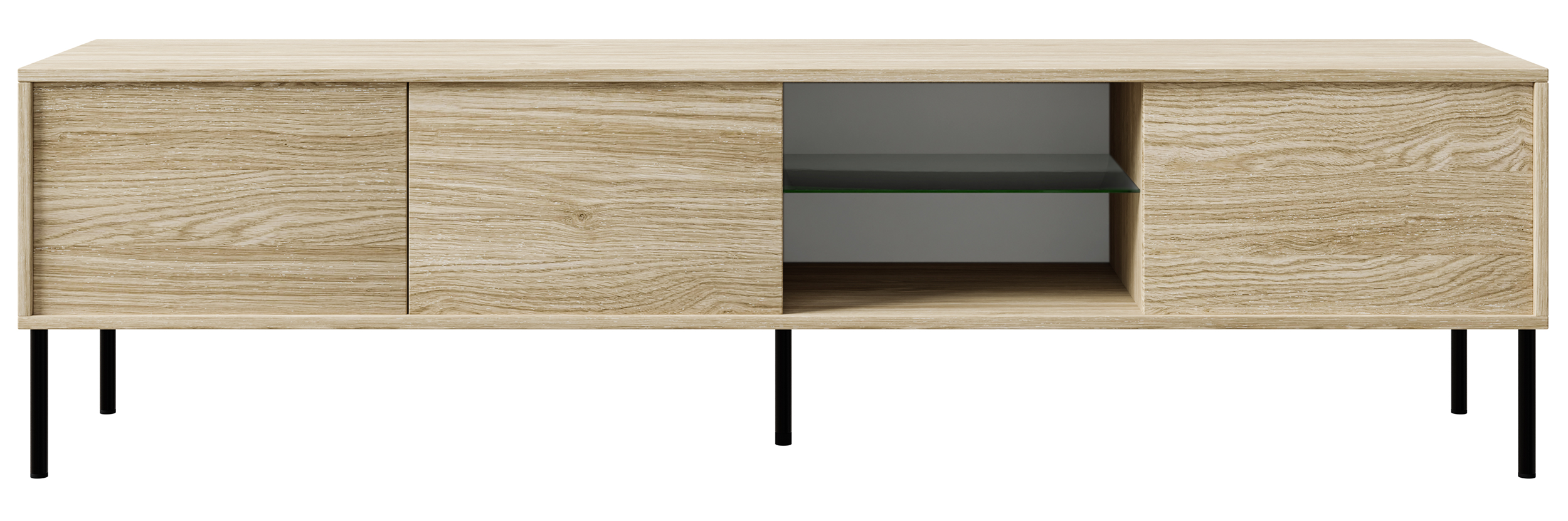 Drehtüriger TV-Schrank Modity mit Glasablage und Beleuchtung, 175 cm, Eiche auf schwarzen Beinen