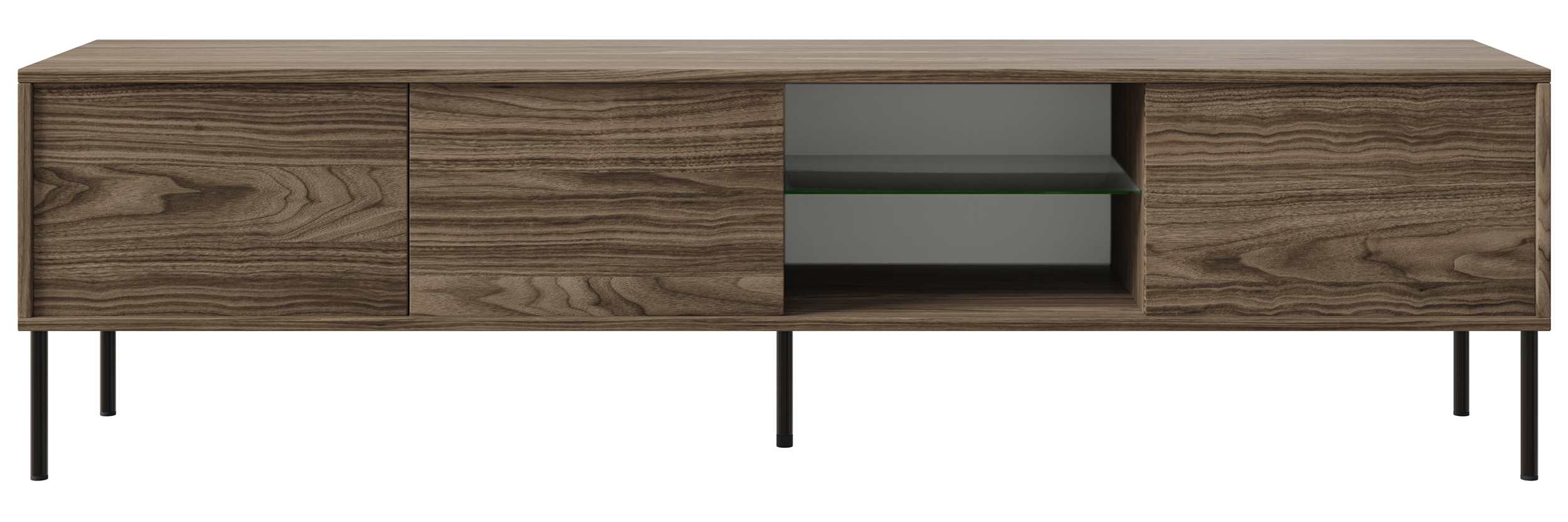 Drehtüriger TV-Schrank Modity mit Glasablage und Beleuchtung, 175 cm, Nussbaum auf schwarzen Füßen