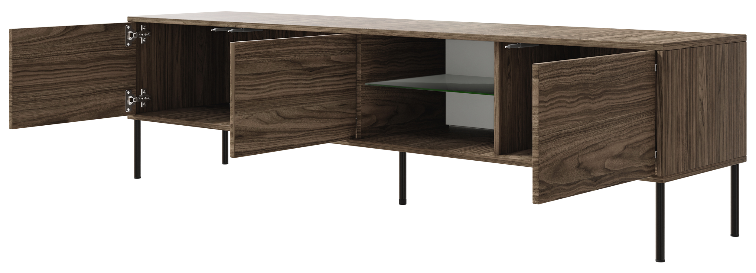 Drehtüriger TV-Schrank Modity mit Glasablage und Beleuchtung, 175 cm, Nussbaum auf schwarzen Füßen