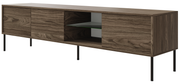 Drehtüriger TV-Schrank Modity mit Glasablage und Beleuchtung, 175 cm, Nussbaum auf schwarzen Füßen