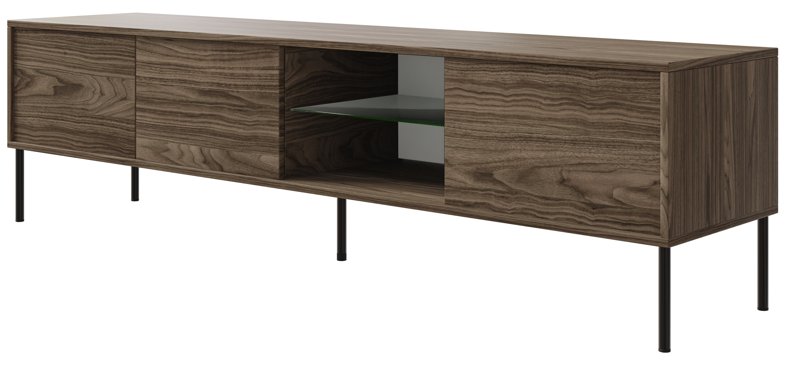 Drehtüriger TV-Schrank Modity mit Glasablage und Beleuchtung, 175 cm, Nussbaum auf schwarzen Füßen