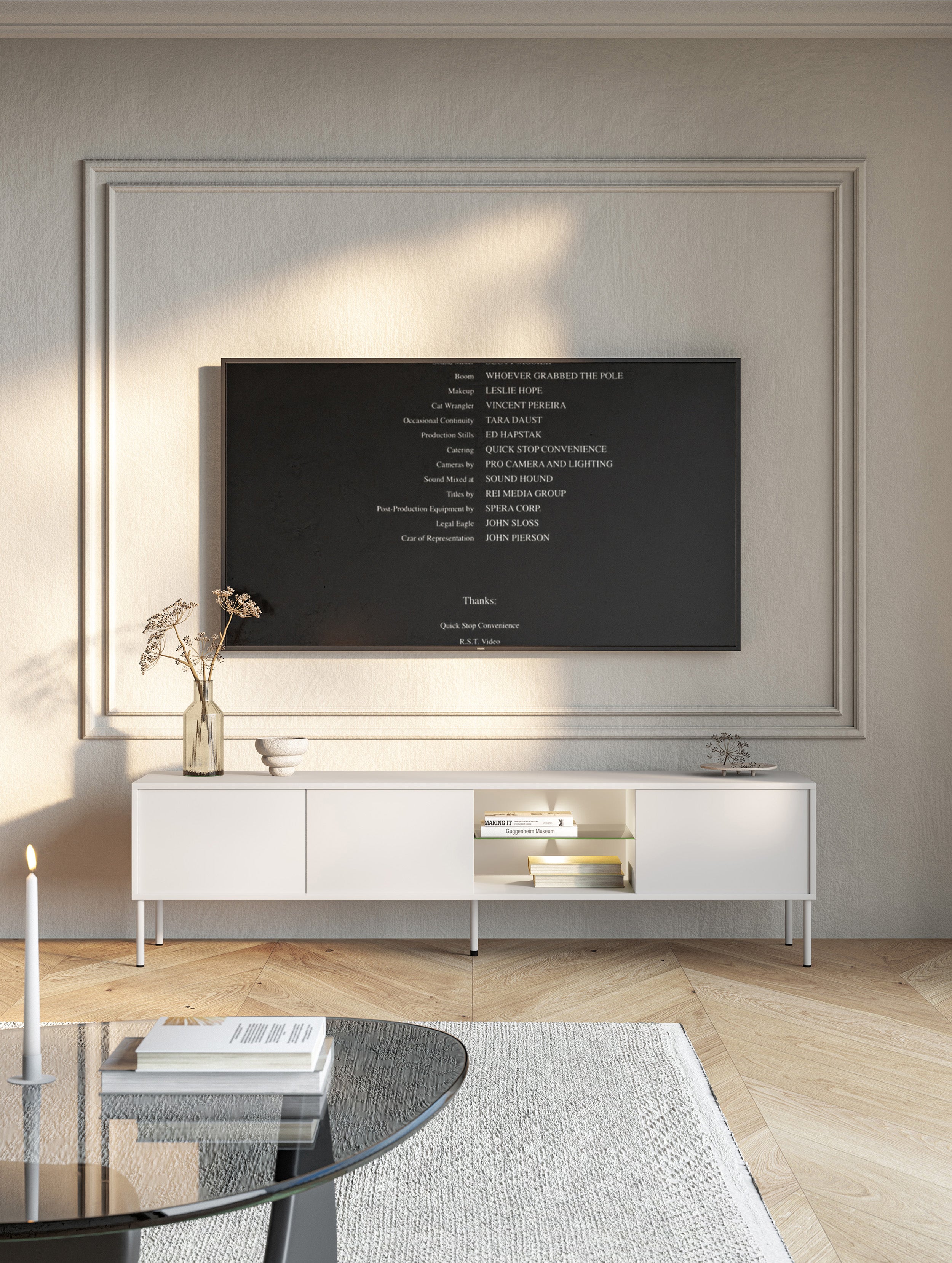 Drehtüriger TV-Schrank Modity mit Glasablage und Beleuchtung, 175 cm, weiß