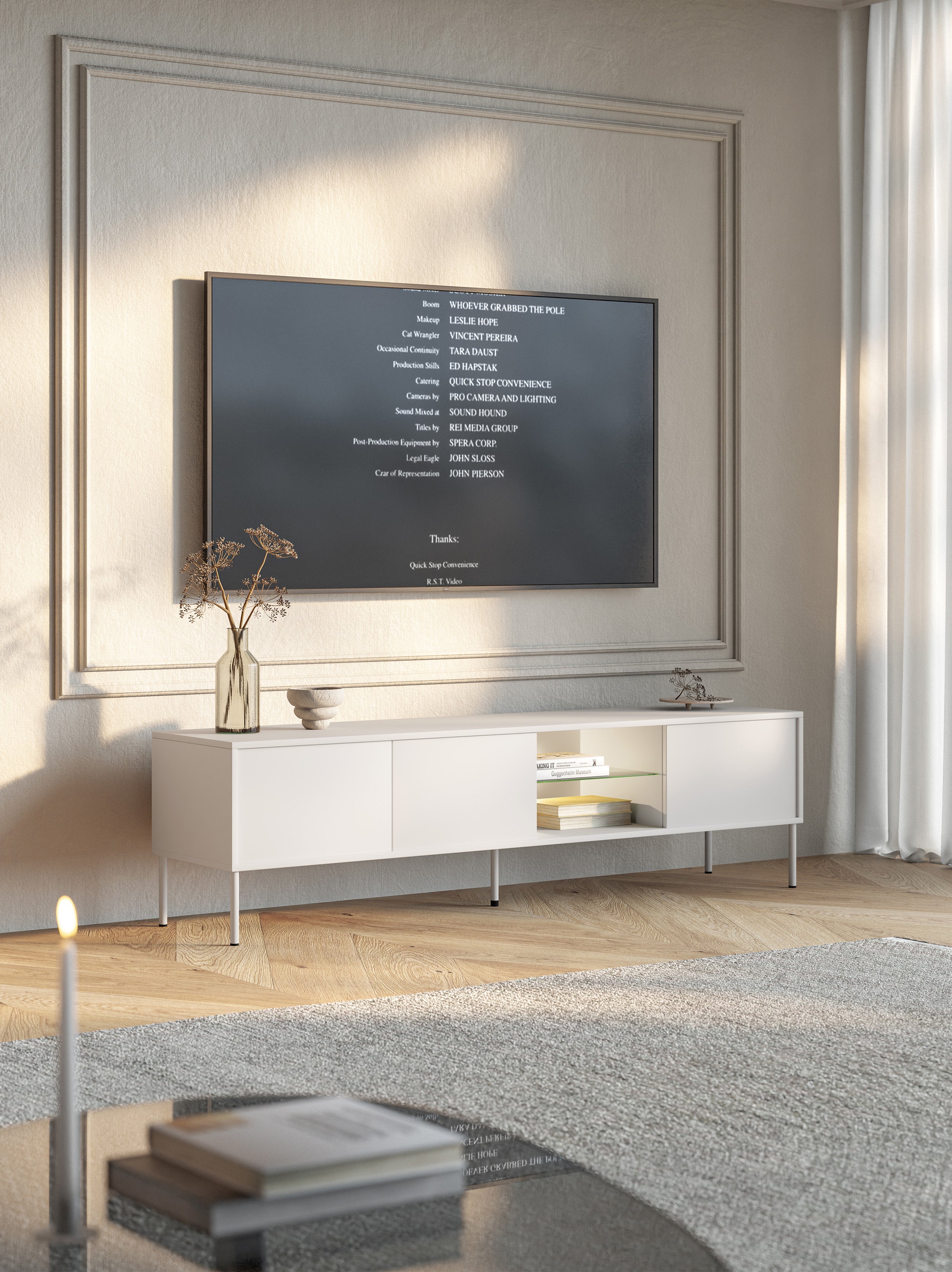 Drehtüriger TV-Schrank Modity mit Glasablage und Beleuchtung, 175 cm, weiß