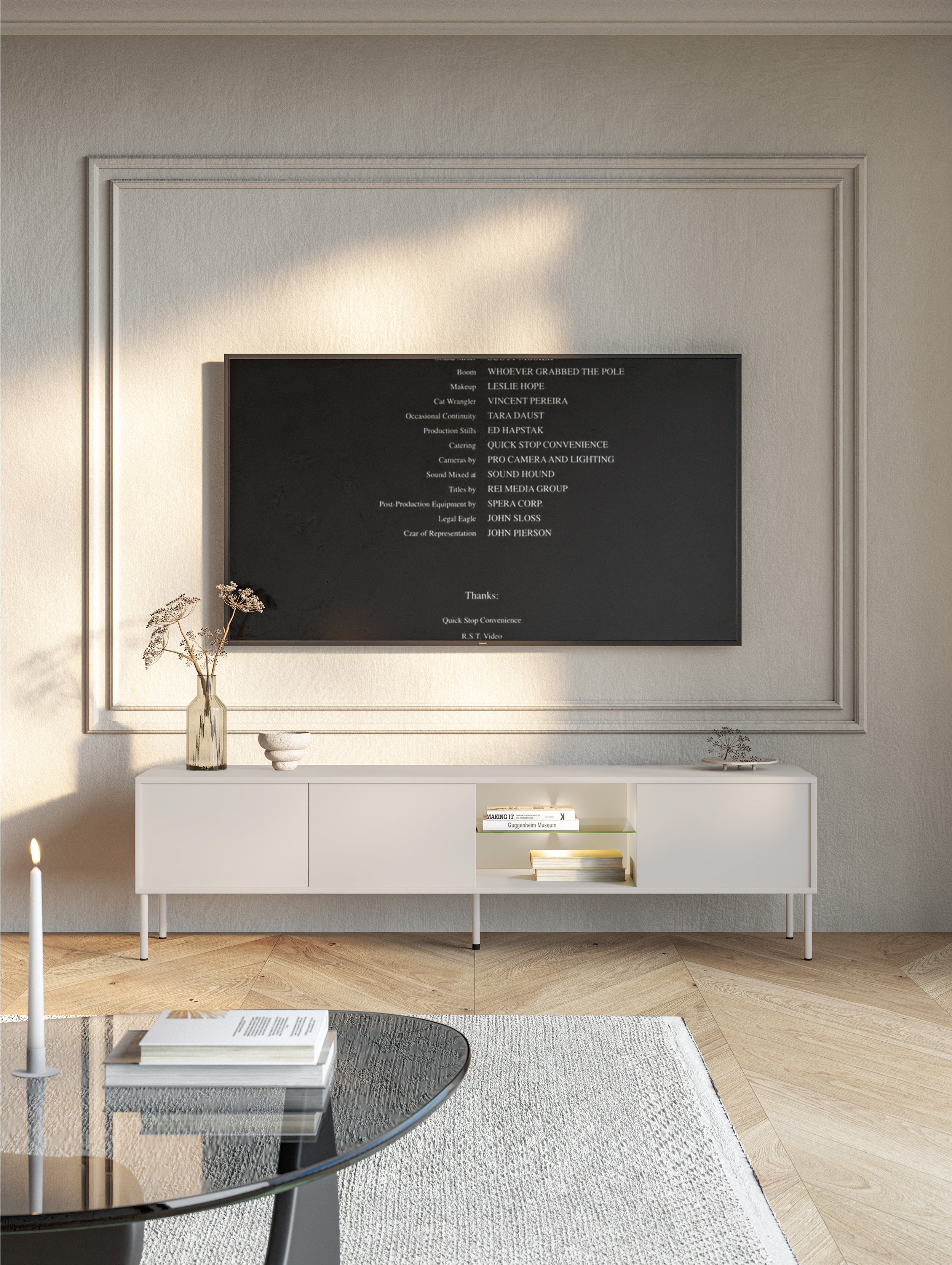 Drehtüriger TV-Schrank Modity mit Glasablage und Beleuchtung, 175 cm, Kaschmir