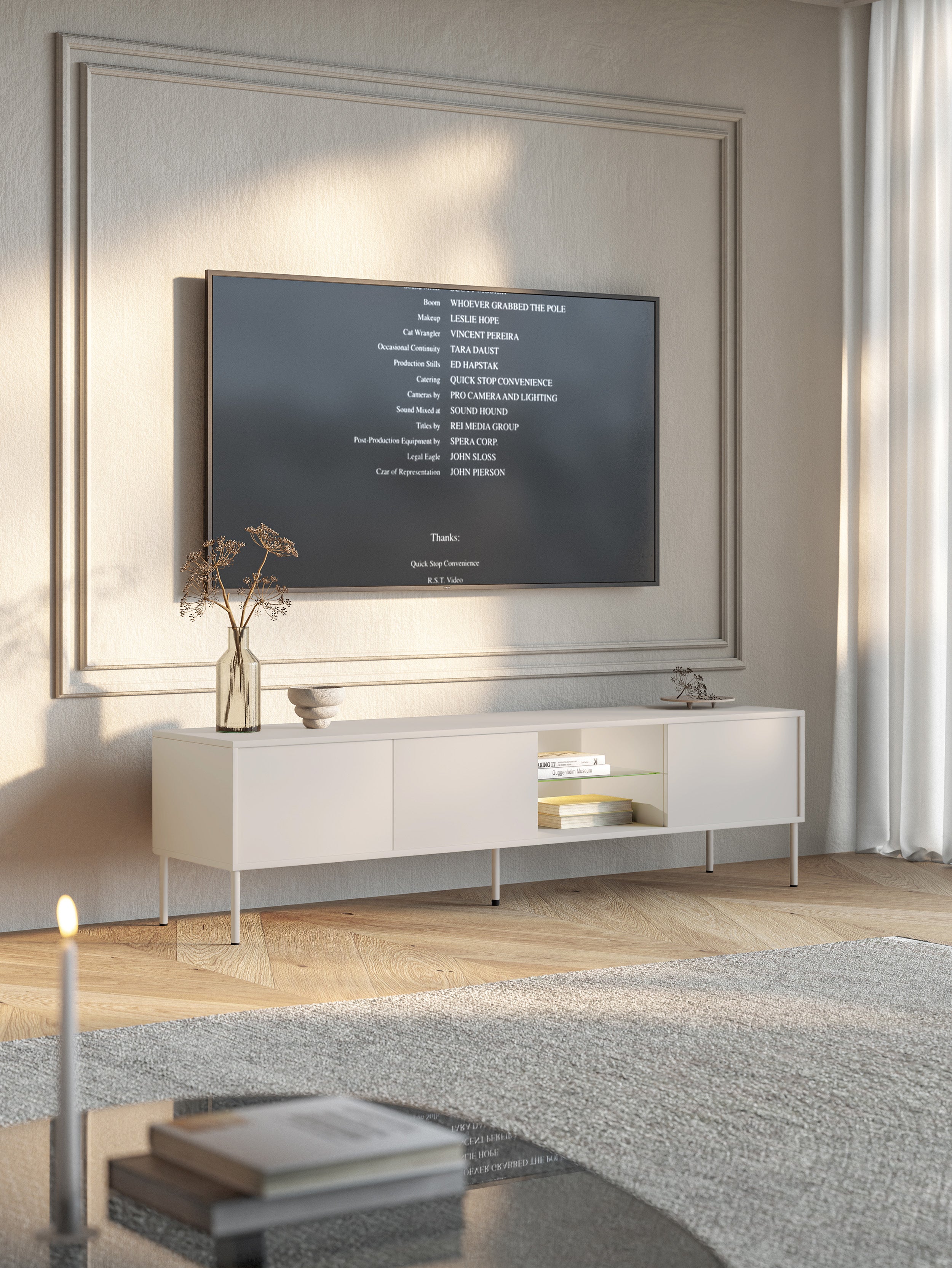 Drehtüriger TV-Schrank Modity mit Glasablage und Beleuchtung, 175 cm, Kaschmir