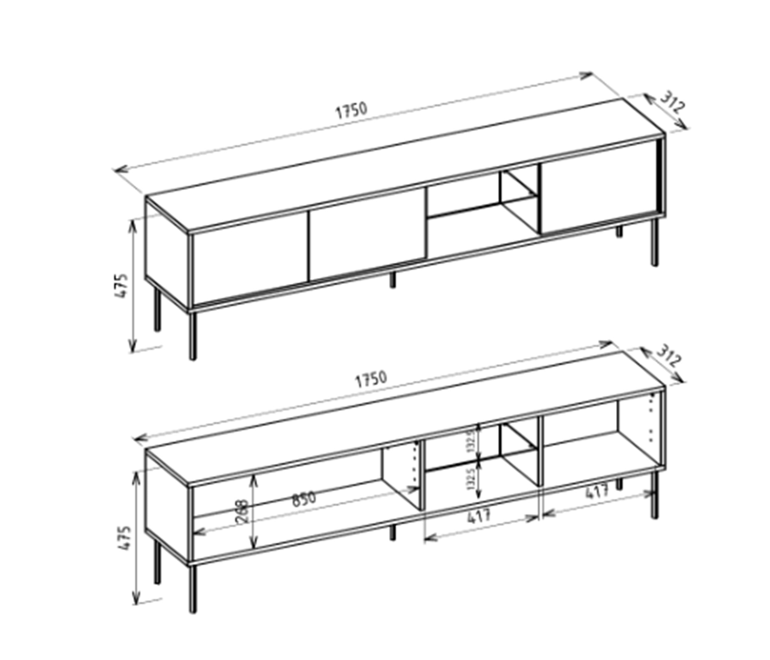 Drehtüriger TV-Schrank Modity mit Glasablage und Beleuchtung, 175 cm, Eiche auf schwarzen Beinen