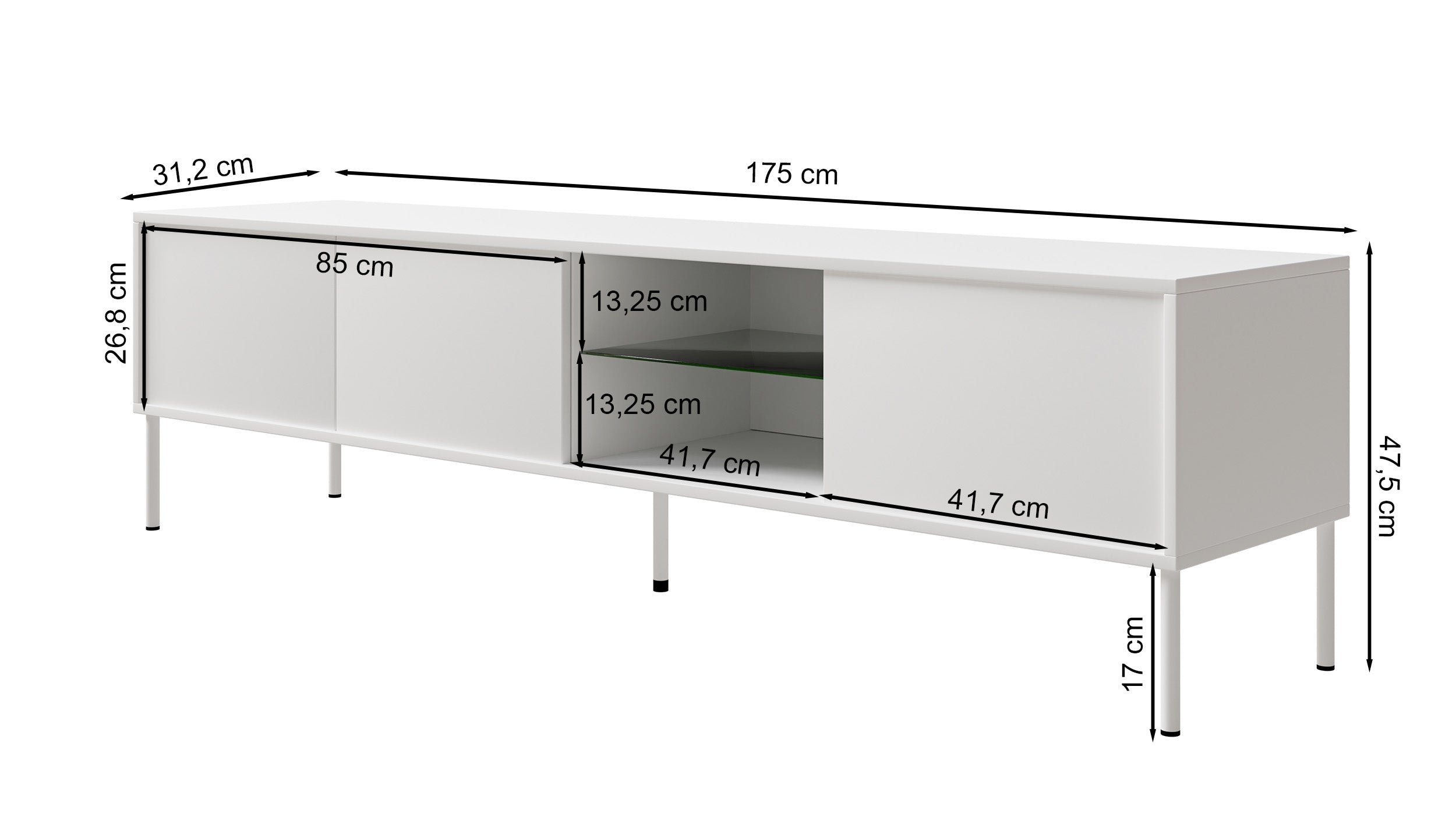 Drehtüriger TV-Schrank Modity mit Glasablage und Beleuchtung, 175 cm, Eiche auf schwarzen Beinen