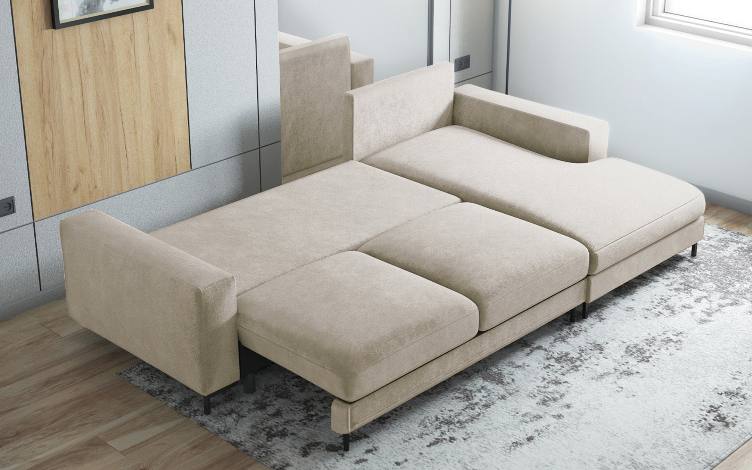 Ecksofa mit Schlaffunktion Mokpeo, L-förmig, mit zwei Stauraumfächern auf schwarzen Füßen, hellbeige, aus pflegeleichtem Stoff, rechtsseitig