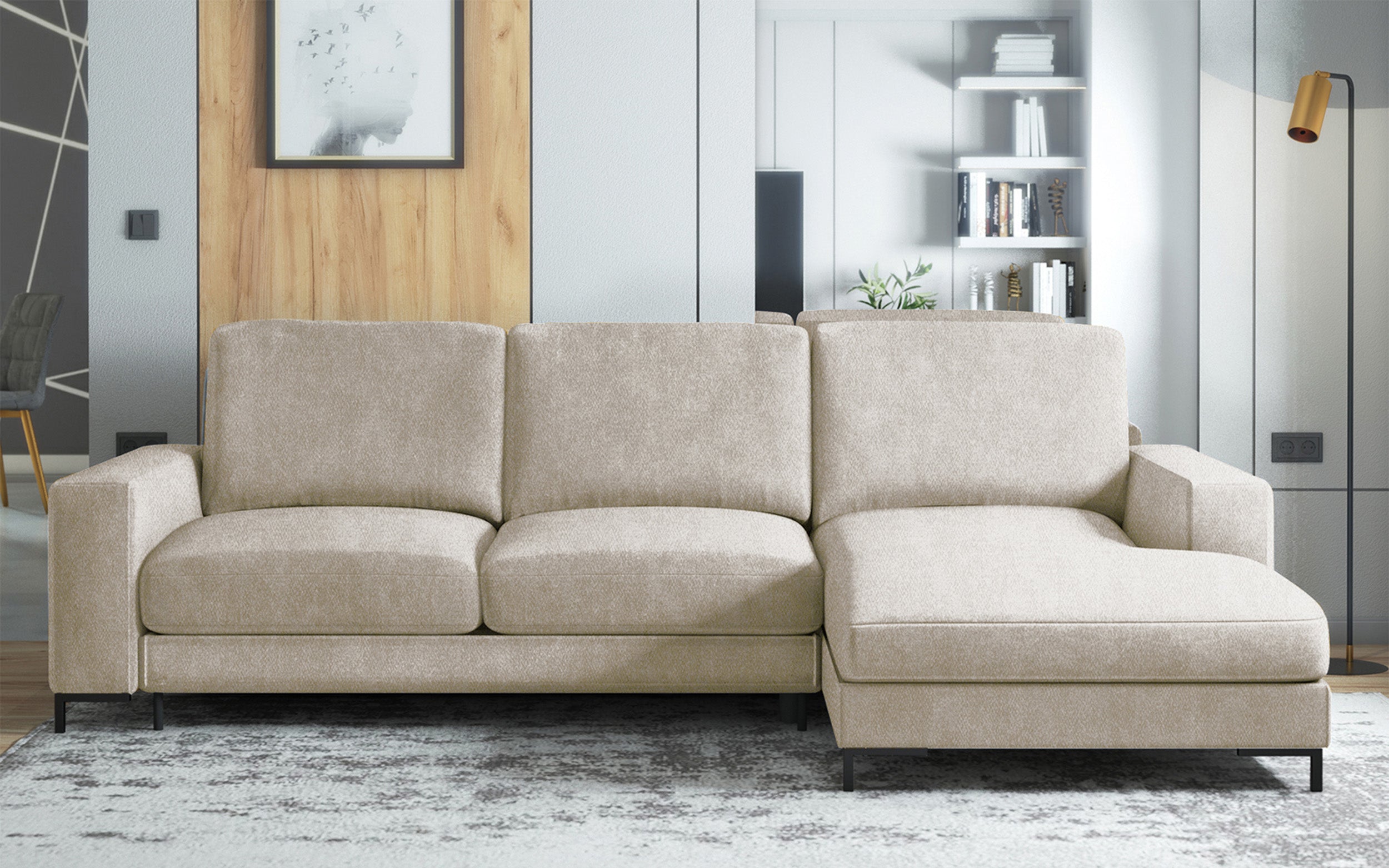 Ecksofa mit Schlaffunktion Mokpeo, L-förmig, mit zwei Stauraumfächern auf schwarzen Füßen, hellbeige, aus pflegeleichtem Stoff, rechtsseitig