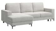 Ecksofa mit Schlafunktion Mokpeo, L-förmig, mit zwei Stauraumfächern, schwarzen Füßen, hellbeigem Chenille, linksseitig