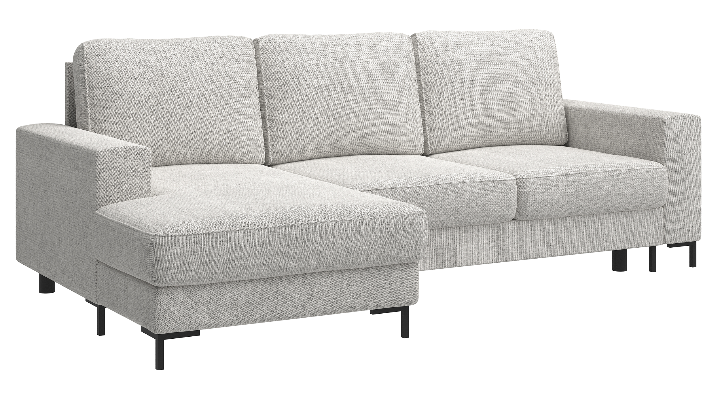 Ecksofa mit Schlafunktion Mokpeo, L-förmig, mit zwei Stauraumfächern, schwarzen Füßen, hellbeigem Chenille, linksseitig