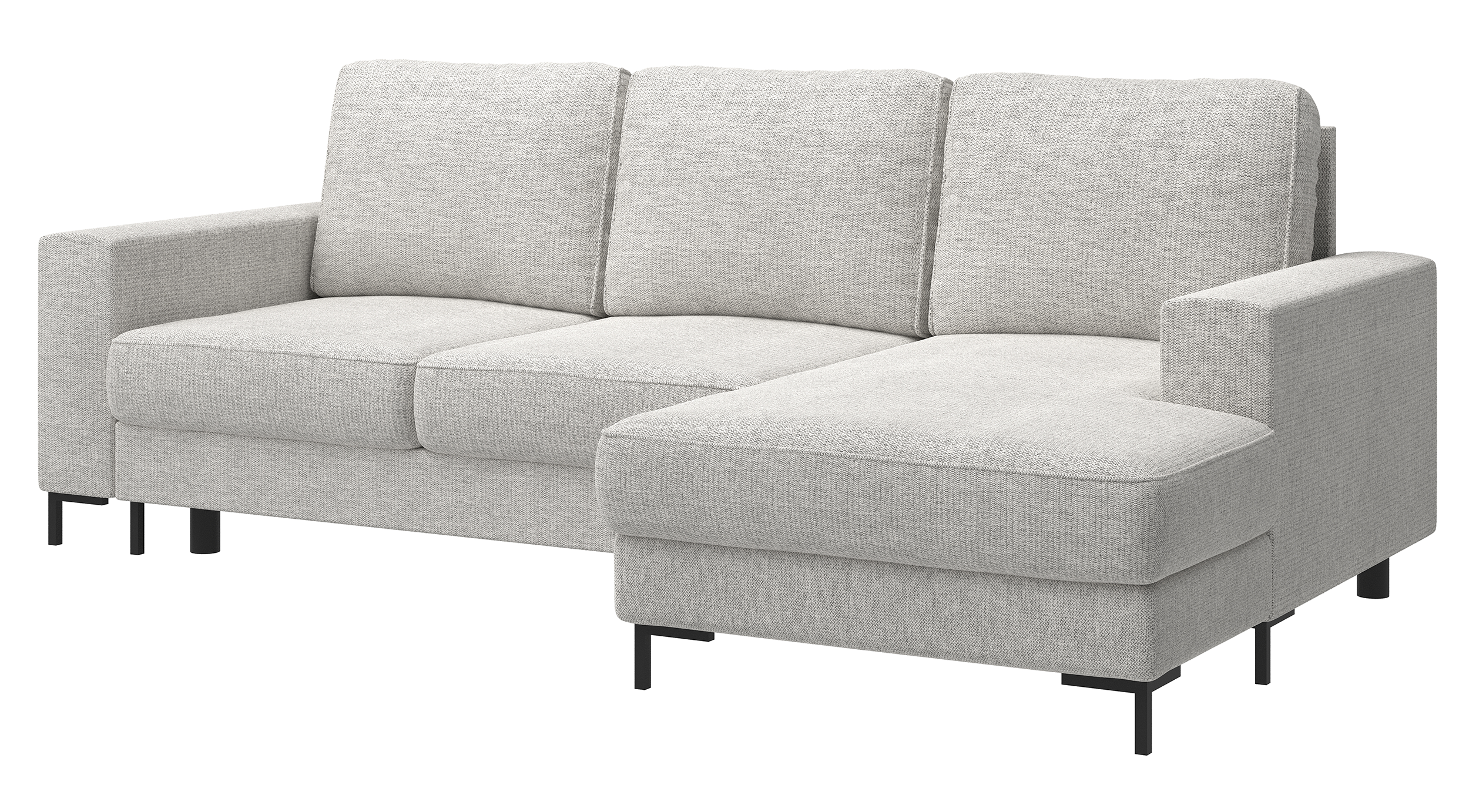 Ecksofa mit Schlafunktion Mokpeo, L-förmig, mit zwei Stauraumfächern auf schwarzen Füßen, hellbeiger Chenille, rechtsseitig
