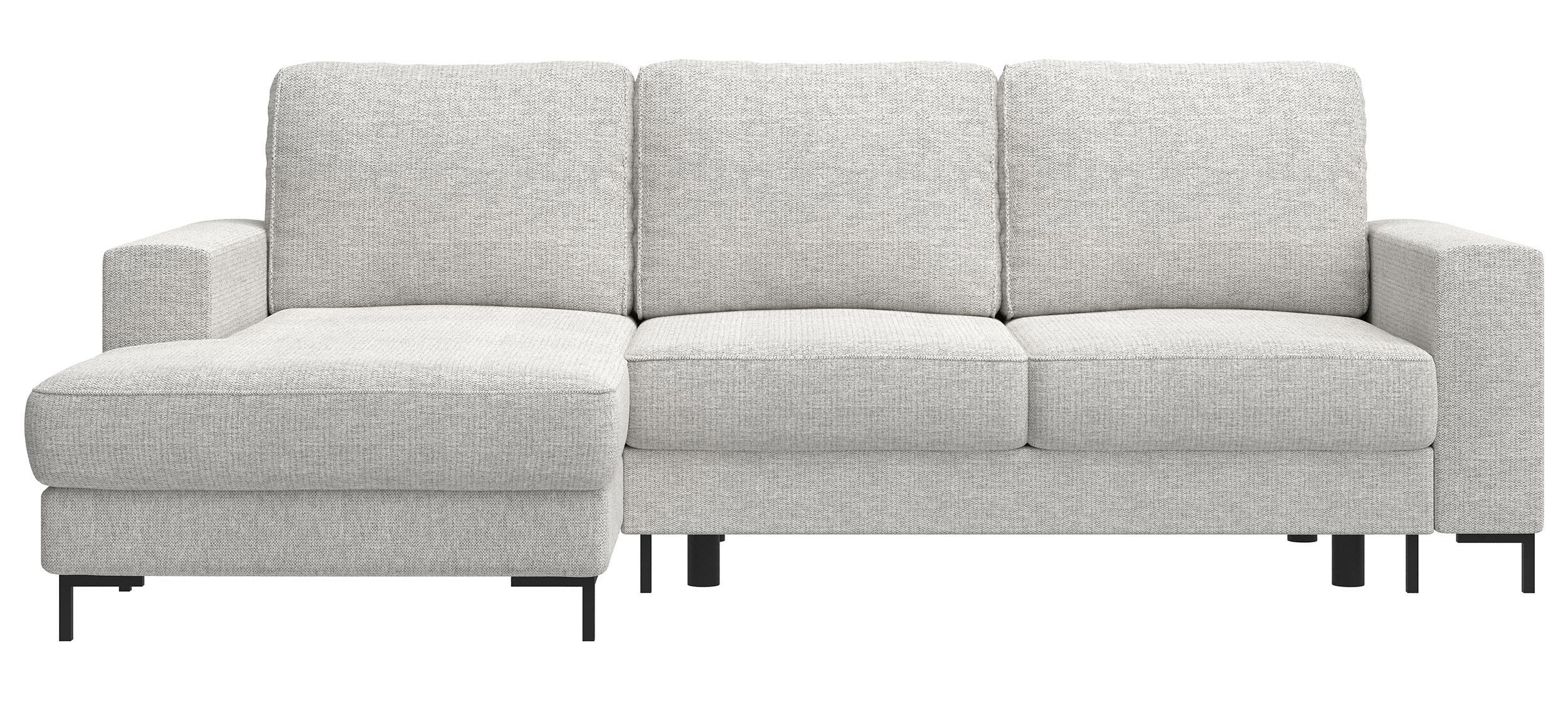Ecksofa mit Schlafunktion Mokpeo, L-förmig, mit zwei Stauraumfächern, schwarzen Füßen, hellbeigem Chenille, linksseitig
