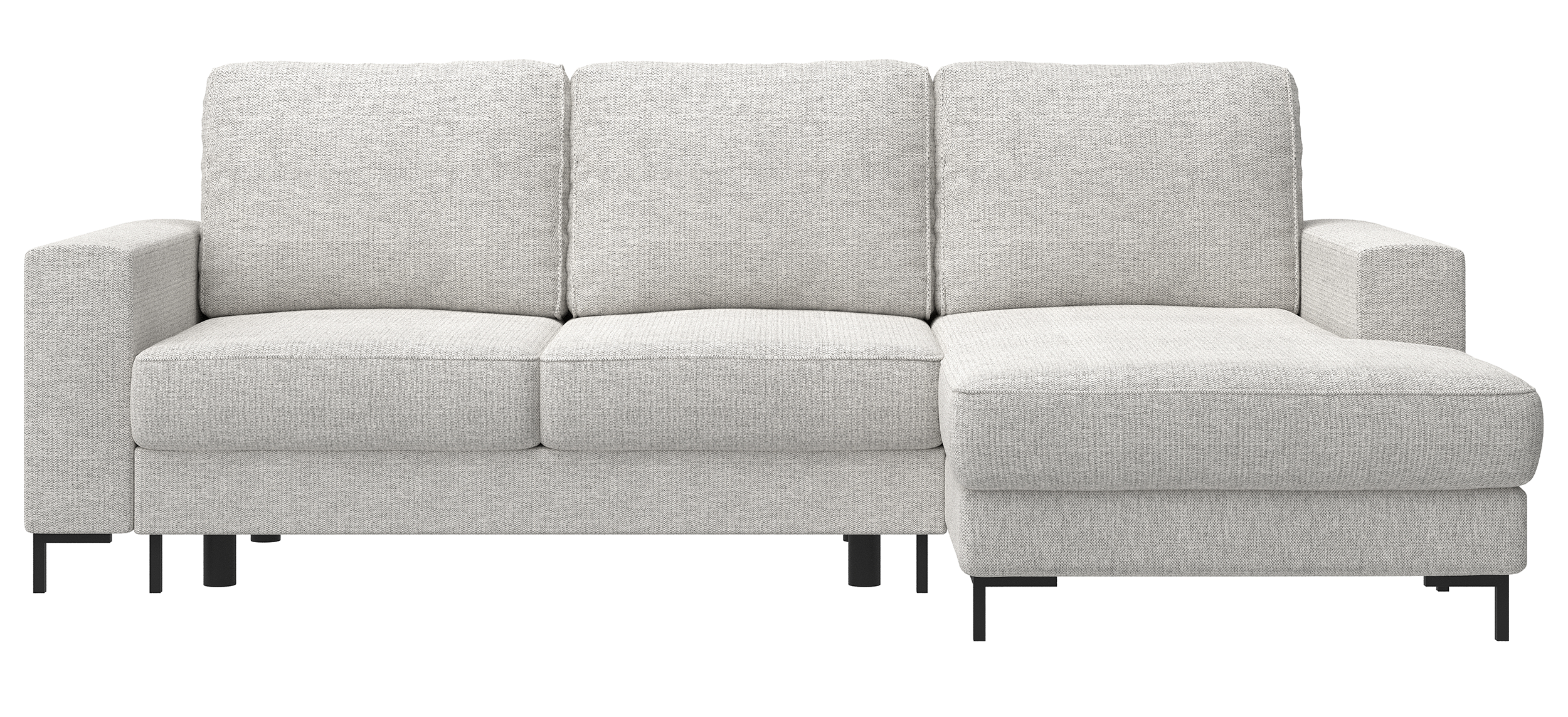 Ecksofa mit Schlafunktion Mokpeo, L-förmig, mit zwei Stauraumfächern auf schwarzen Füßen, hellbeiger Chenille, rechtsseitig