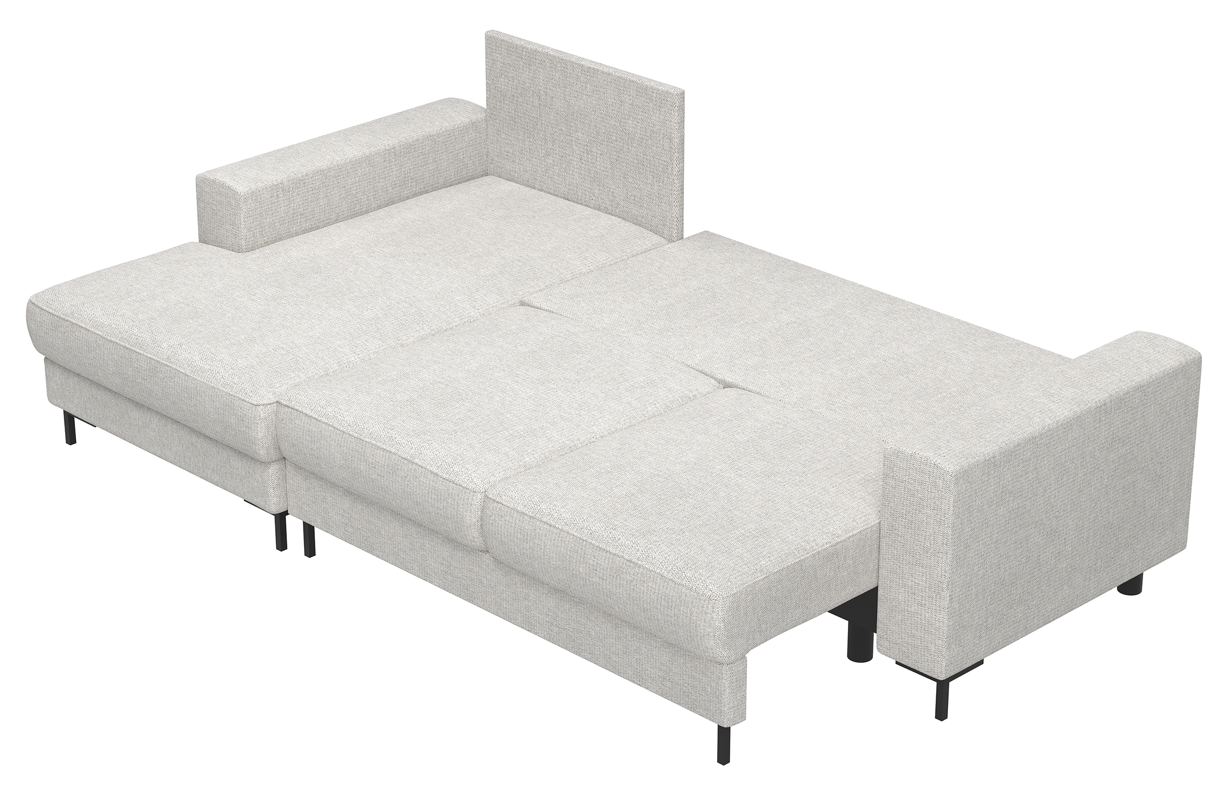 Ecksofa mit Schlafunktion Mokpeo, L-förmig, mit zwei Stauraumfächern, schwarzen Füßen, hellbeigem Chenille, linksseitig