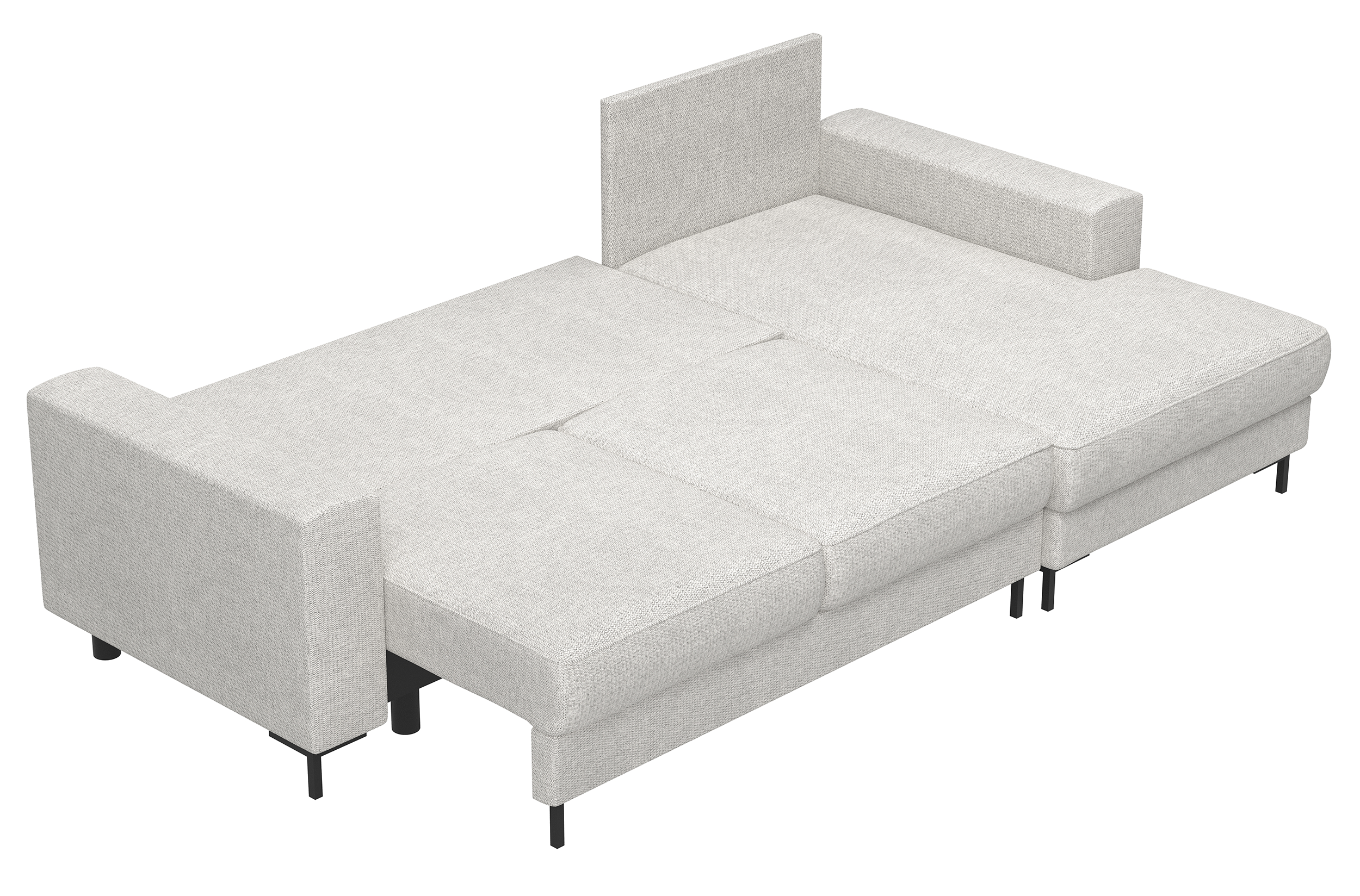 Ecksofa mit Schlafunktion Mokpeo, L-förmig, mit zwei Stauraumfächern auf schwarzen Füßen, hellbeiger Chenille, rechtsseitig