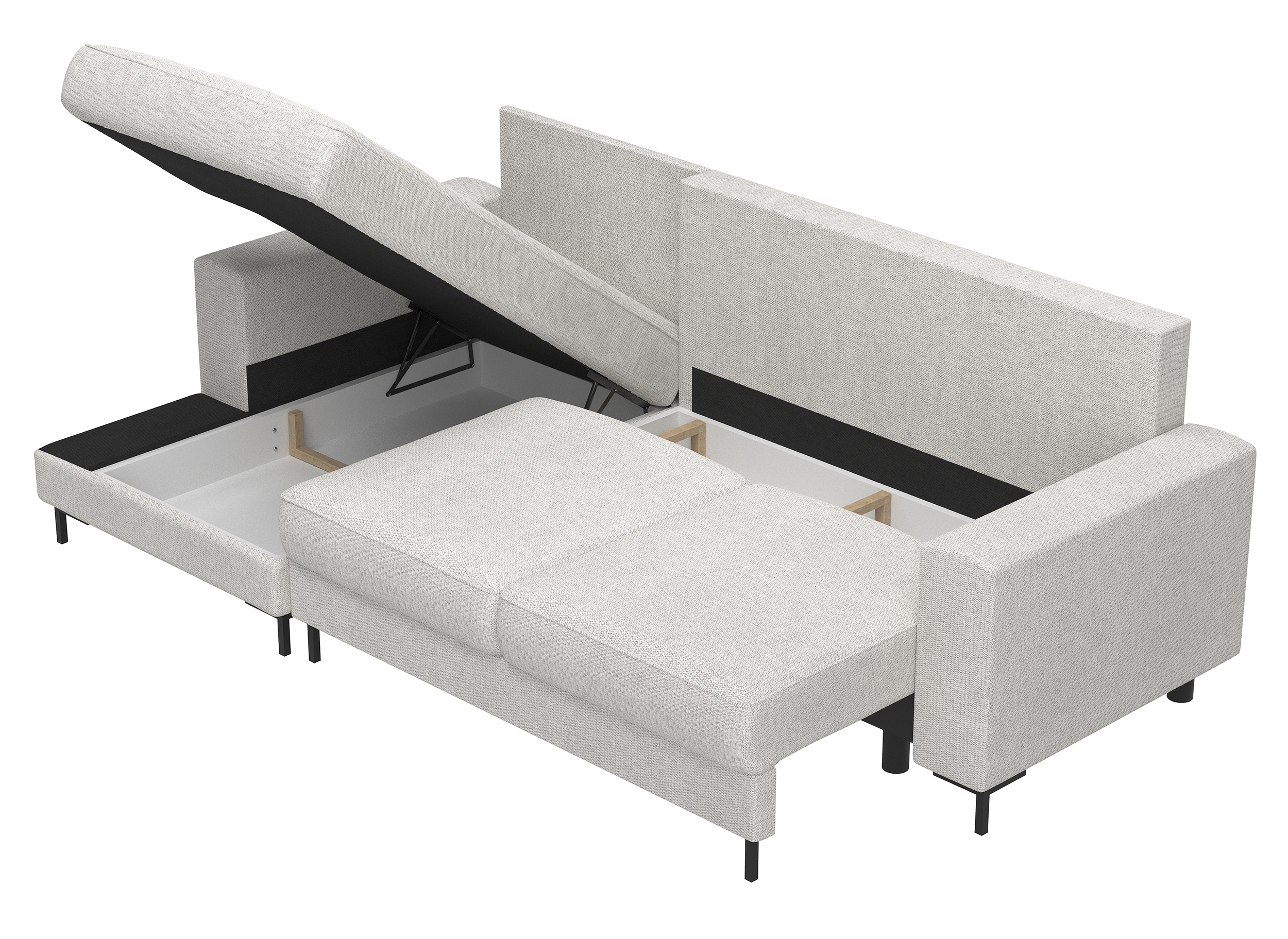 Ecksofa mit Schlafunktion Mokpeo, L-förmig, mit zwei Stauraumfächern, schwarzen Füßen, hellbeigem Chenille, linksseitig