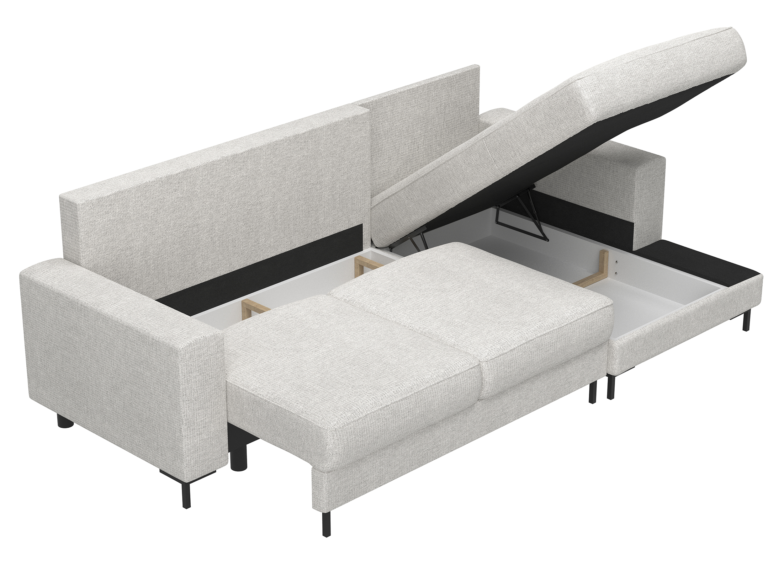 Ecksofa mit Schlafunktion Mokpeo, L-förmig, mit zwei Stauraumfächern auf schwarzen Füßen, hellbeiger Chenille, rechtsseitig