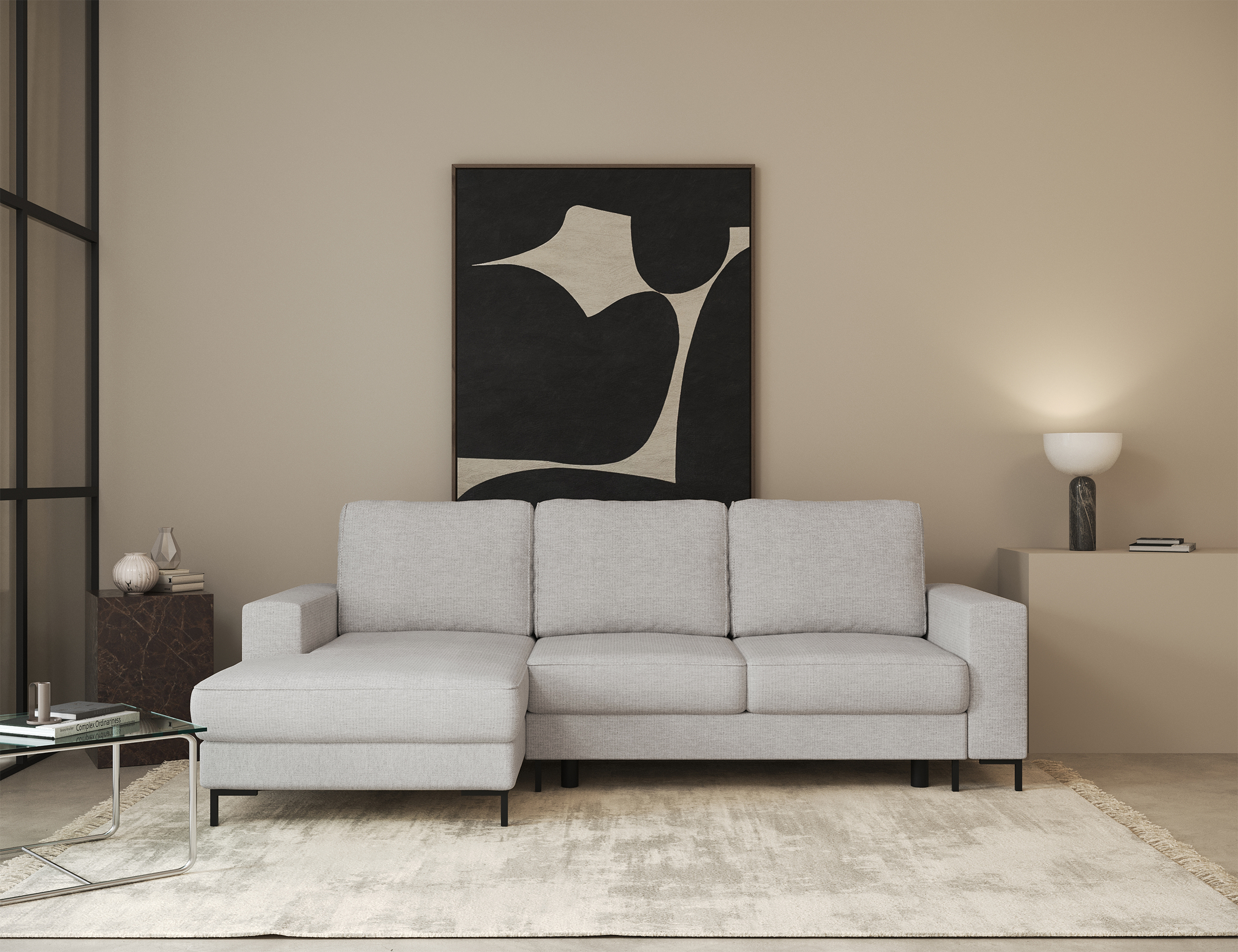 Ecksofa mit Schlafunktion Mokpeo, L-förmig, mit zwei Stauraumfächern, schwarzen Füßen, hellbeigem Chenille, linksseitig