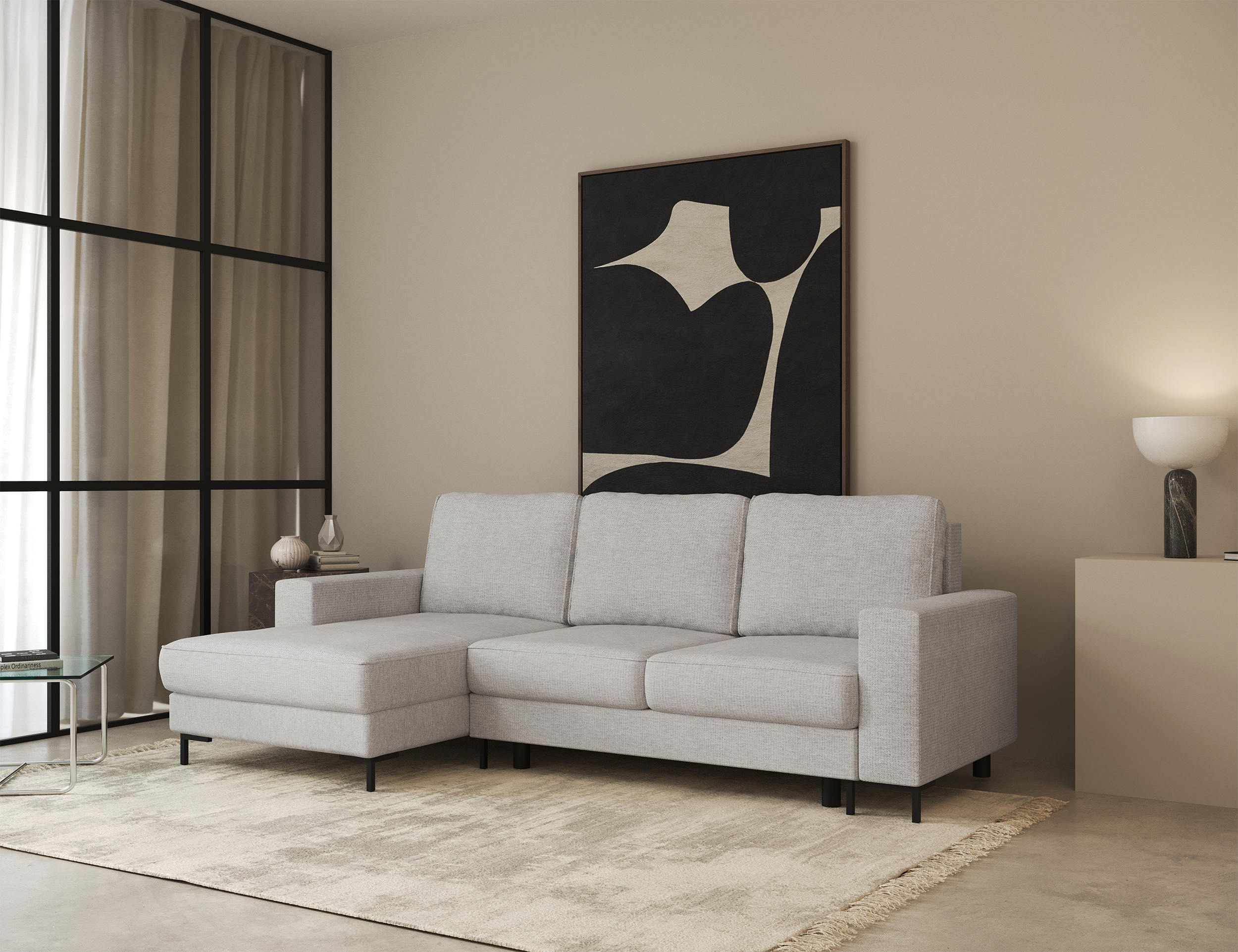 Ecksofa mit Schlafunktion Mokpeo, L-förmig, mit zwei Stauraumfächern, schwarzen Füßen, hellbeigem Chenille, linksseitig