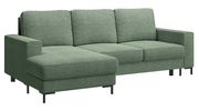 Ecksofa mit Schlaffunktion Mokpeo, L-förmig, mit zwei Stauraumfächern, schwarzen Füßen, Salbeigrün, Chenille, linksseitig