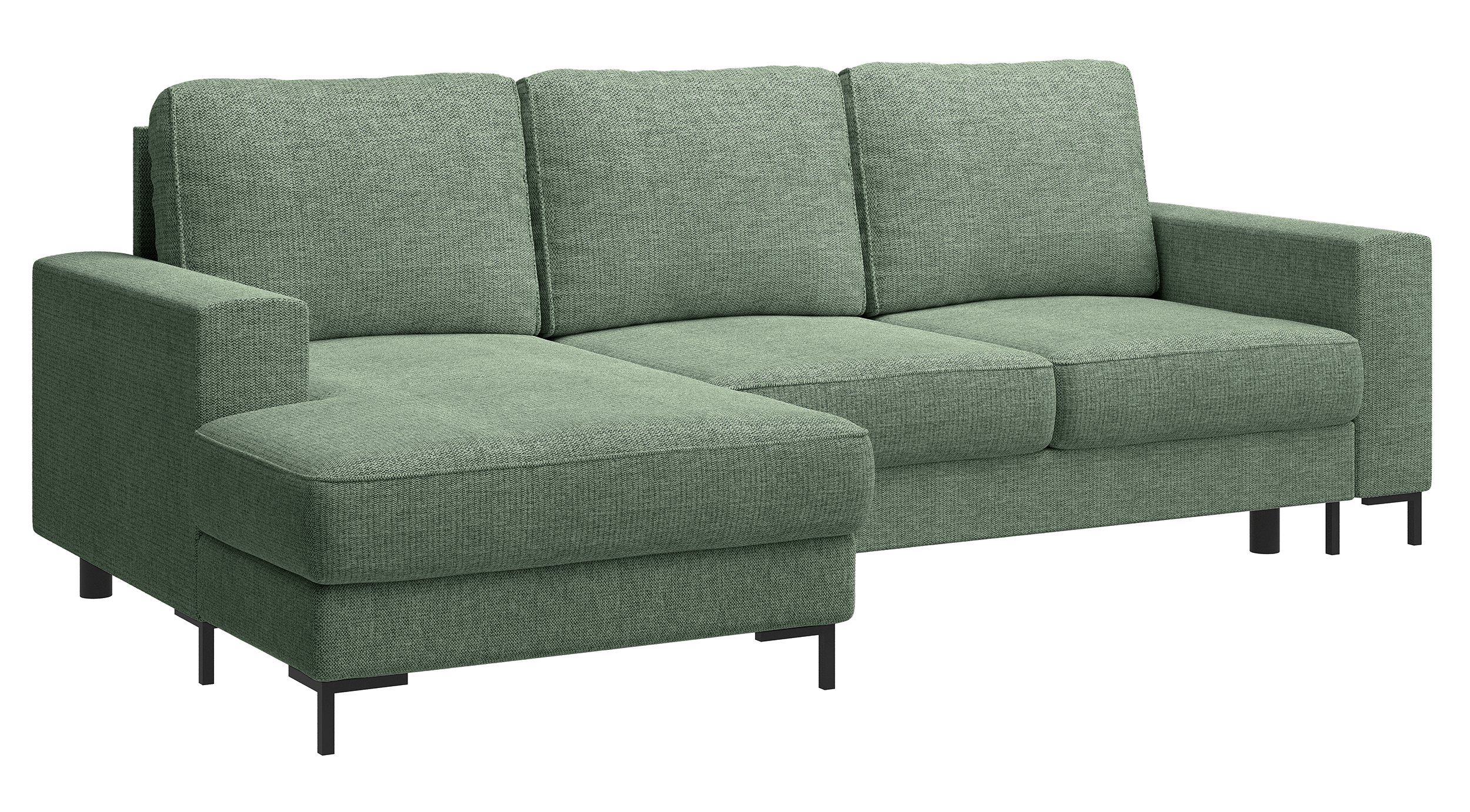 Ecksofa mit Schlaffunktion Mokpeo, L-förmig, mit zwei Stauraumfächern, schwarzen Füßen, Salbeigrün, Chenille, linksseitig