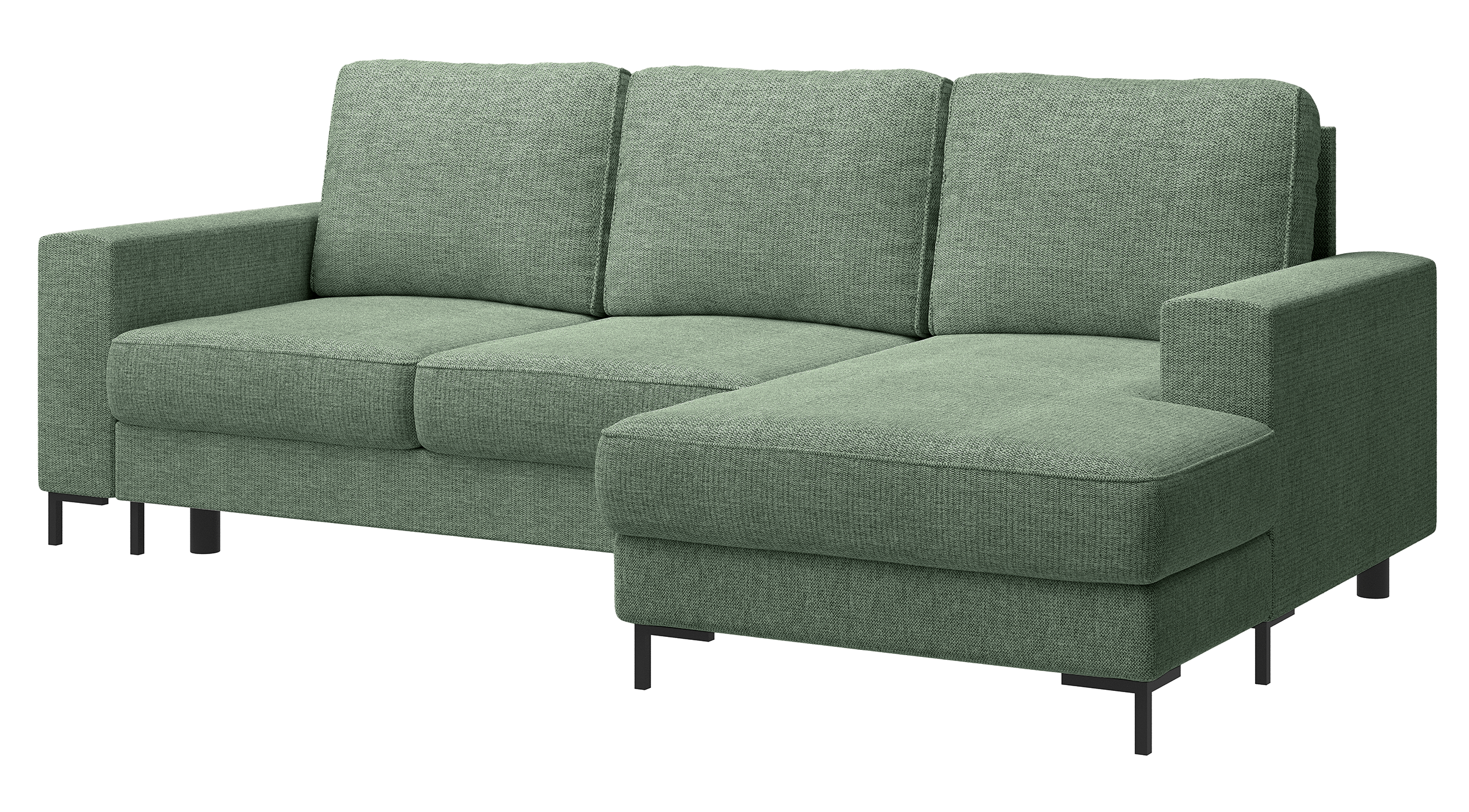 Ecksofa mit Schlaffunktion Mokpeo, L-förmig, mit zwei Stauraumfächern, auf schwarzen Füßen, Salbeigrüner Chenille, rechtsseitig