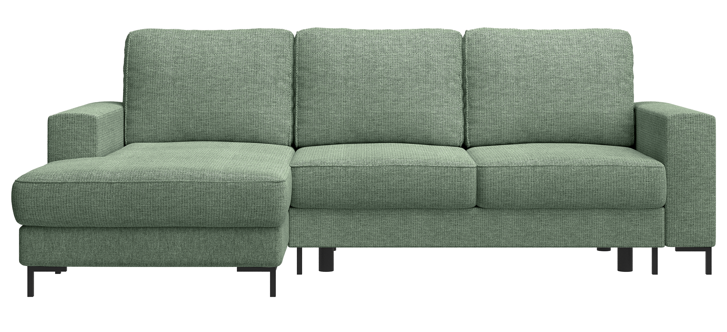 Ecksofa mit Schlaffunktion Mokpeo, L-förmig, mit zwei Stauraumfächern, schwarzen Füßen, Salbeigrün, Chenille, linksseitig
