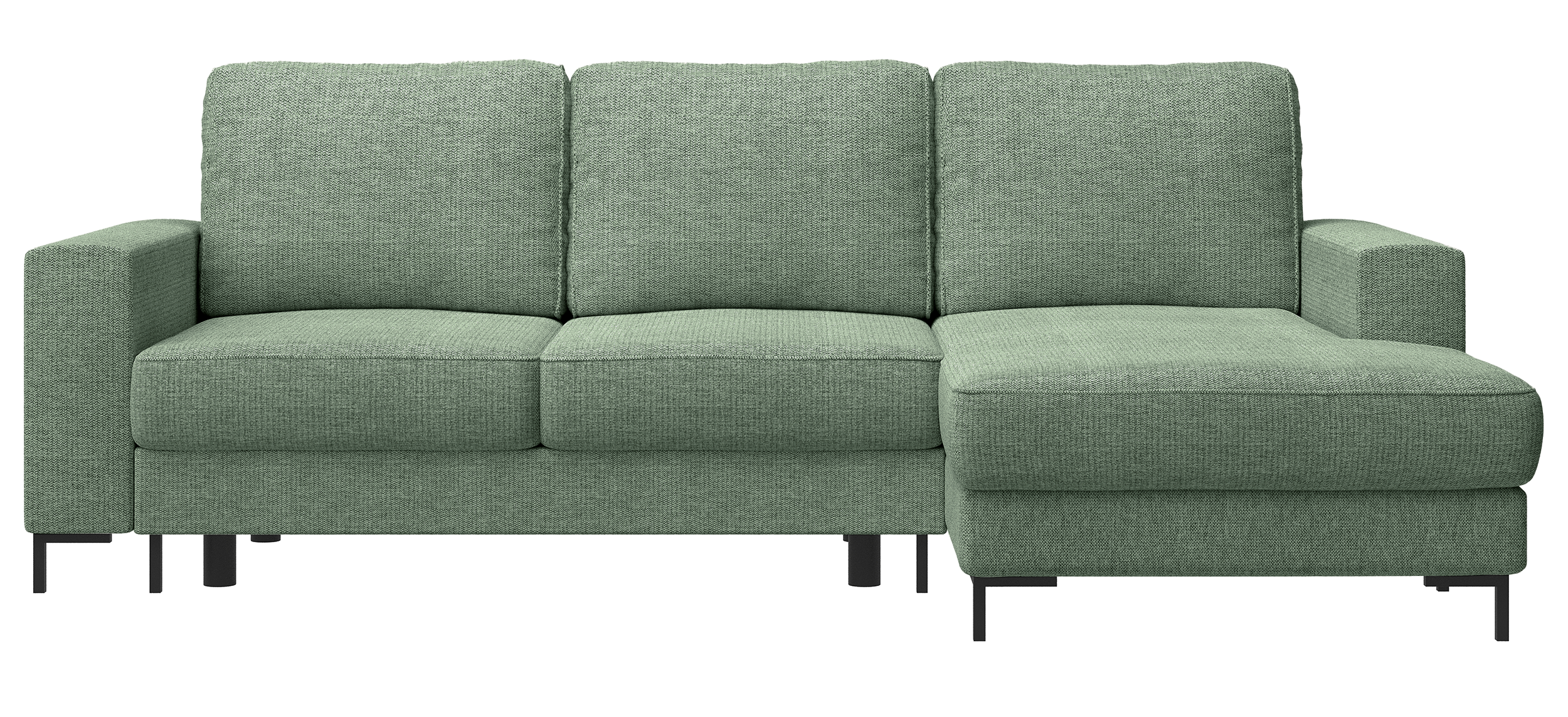 Ecksofa mit Schlaffunktion Mokpeo, L-förmig, mit zwei Stauraumfächern, auf schwarzen Füßen, Salbeigrüner Chenille, rechtsseitig
