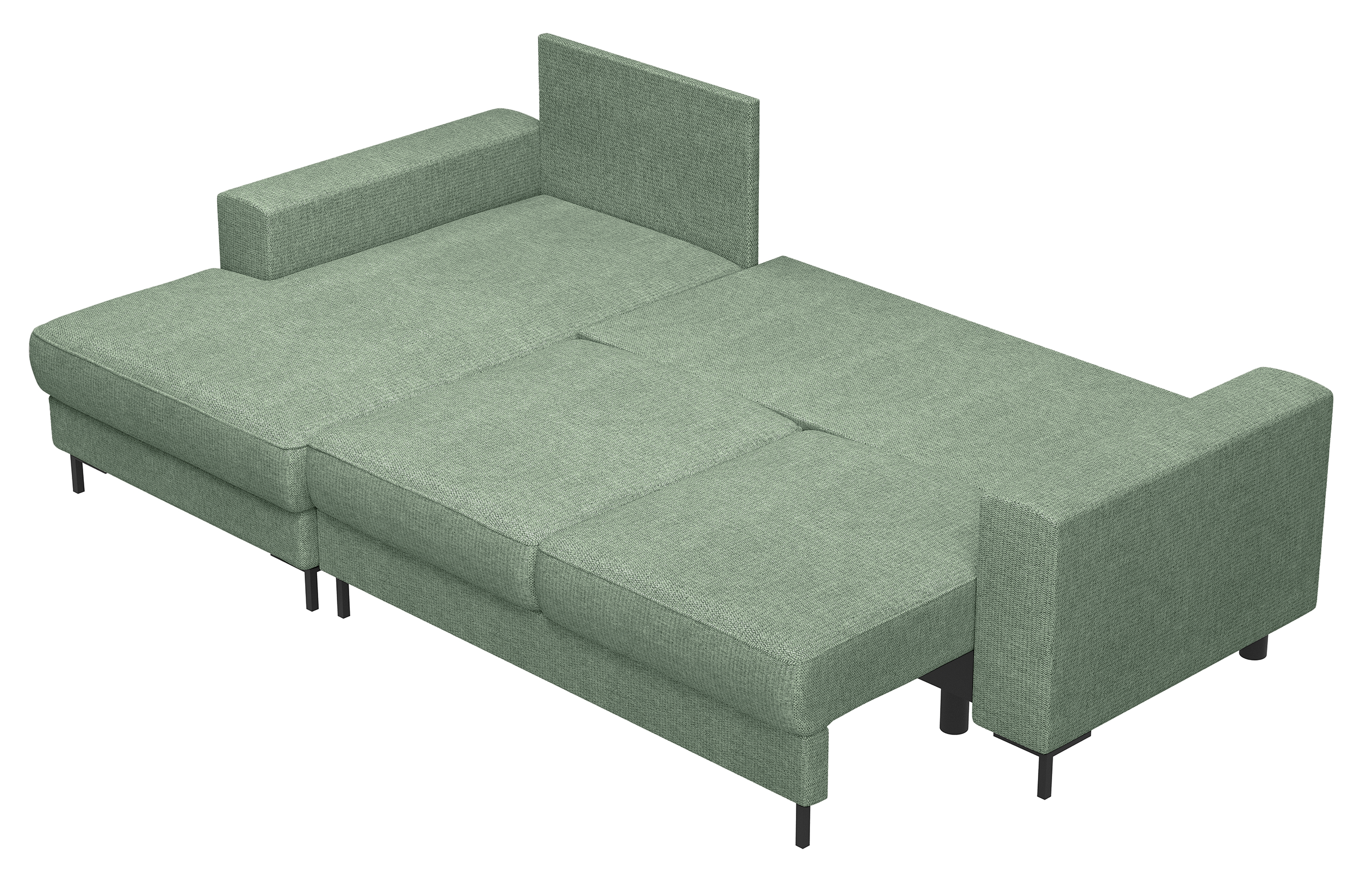 Ecksofa mit Schlaffunktion Mokpeo, L-förmig, mit zwei Stauraumfächern, schwarzen Füßen, Salbeigrün, Chenille, linksseitig