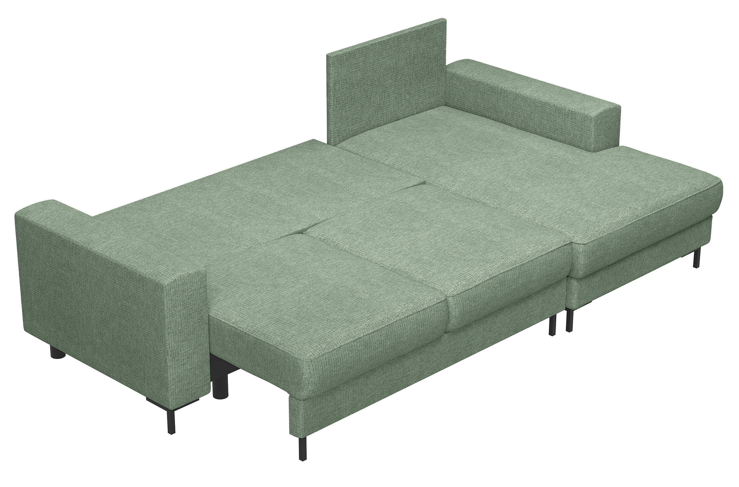 Ecksofa mit Schlaffunktion Mokpeo, L-förmig, mit zwei Stauraumfächern, auf schwarzen Füßen, Salbeigrüner Chenille, rechtsseitig