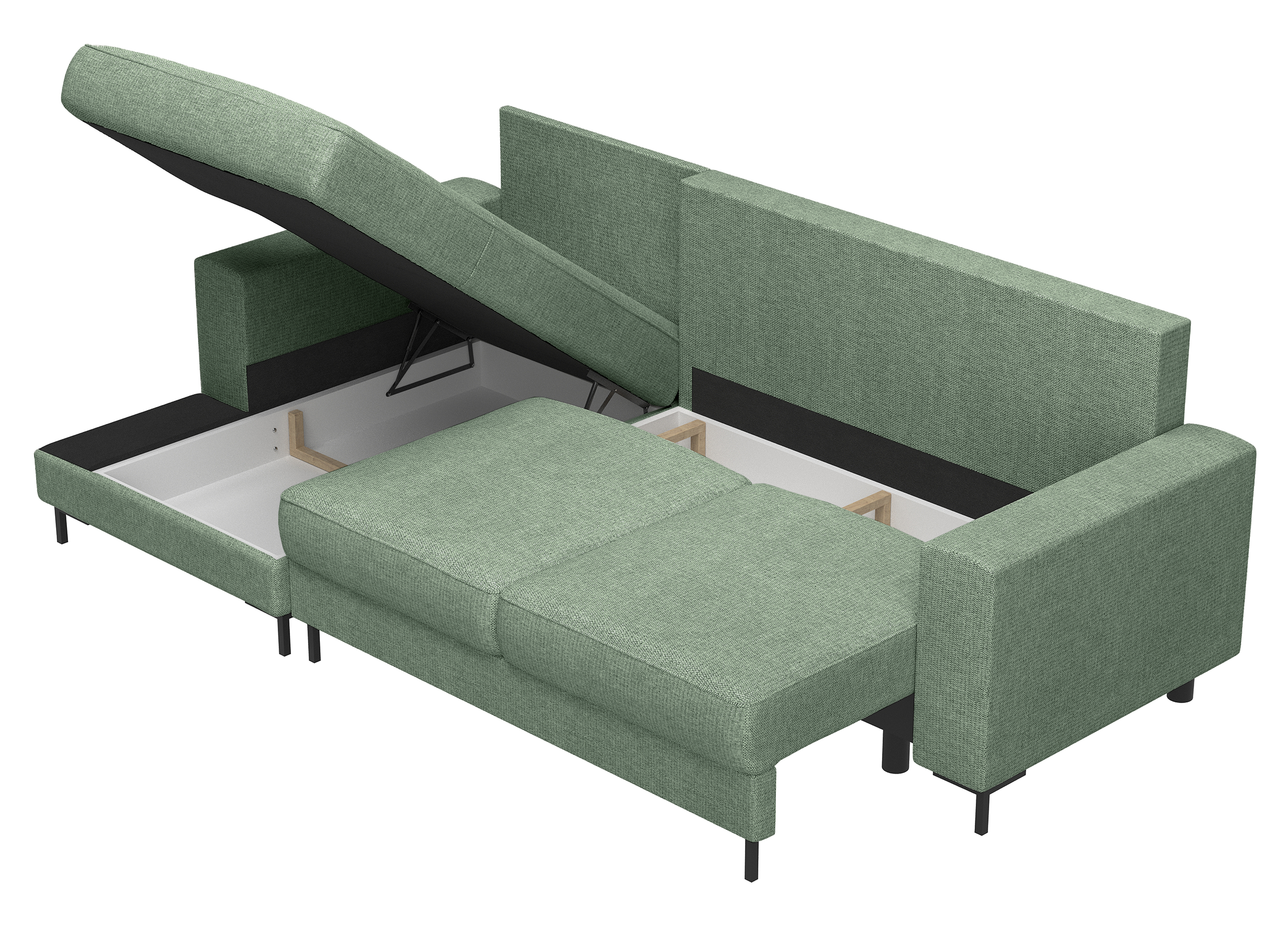 Ecksofa mit Schlaffunktion Mokpeo, L-förmig, mit zwei Stauraumfächern, schwarzen Füßen, Salbeigrün, Chenille, linksseitig