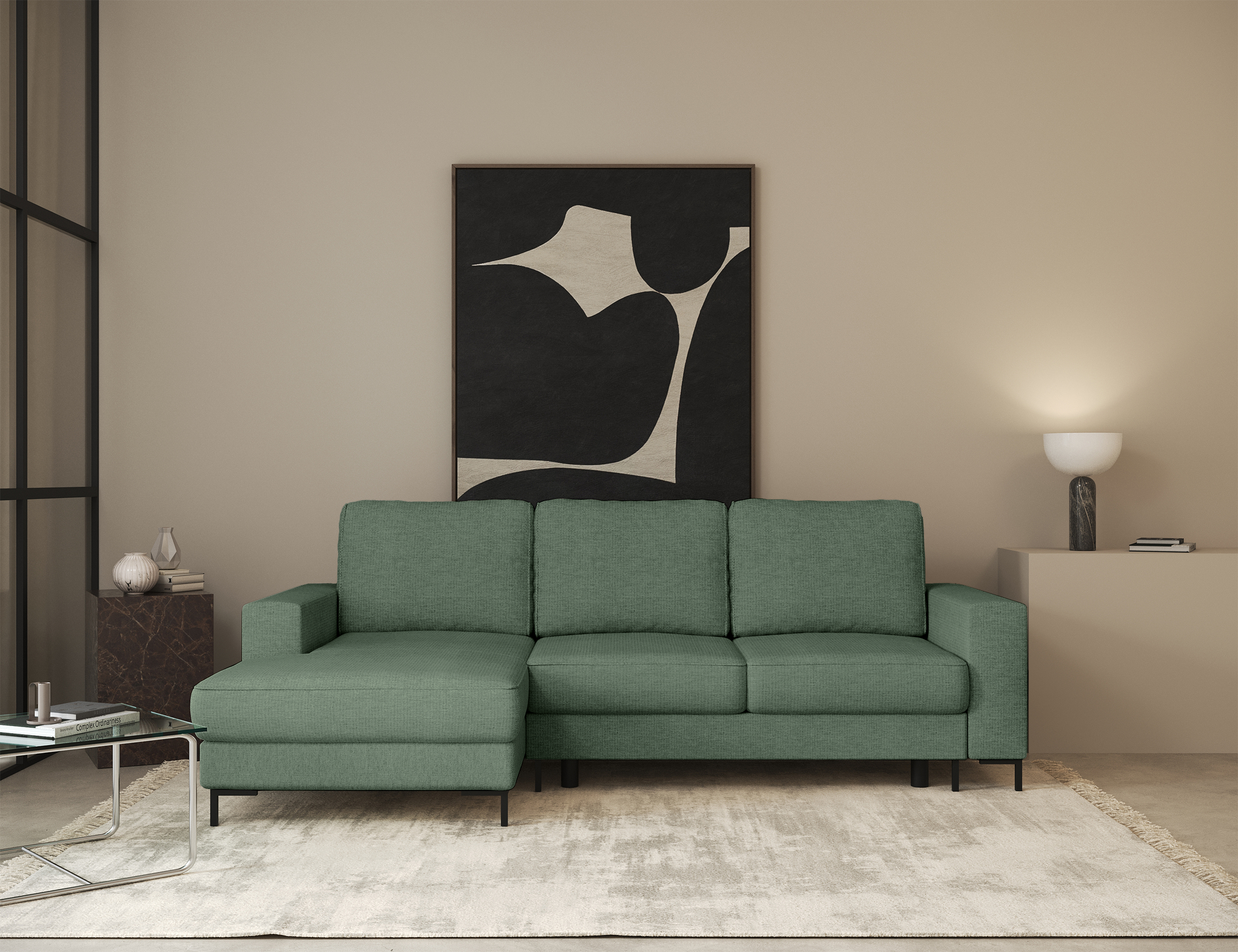 Ecksofa mit Schlaffunktion Mokpeo, L-förmig, mit zwei Stauraumfächern, schwarzen Füßen, Salbeigrün, Chenille, linksseitig