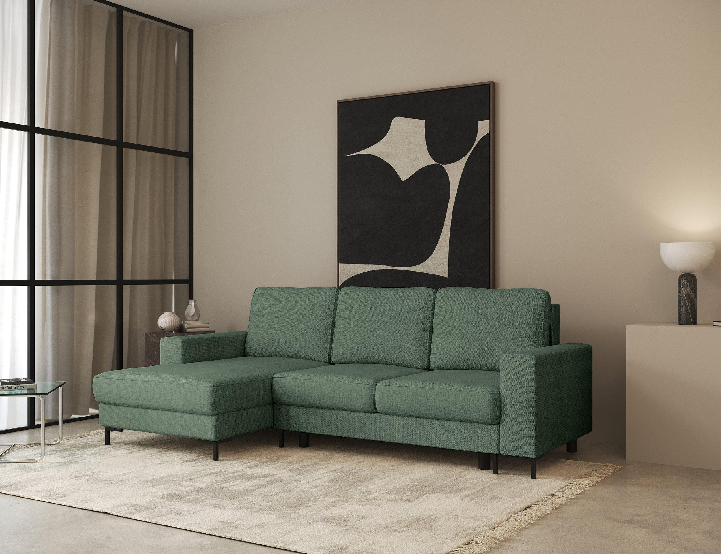 Ecksofa mit Schlaffunktion Mokpeo, L-förmig, mit zwei Stauraumfächern, schwarzen Füßen, Salbeigrün, Chenille, linksseitig