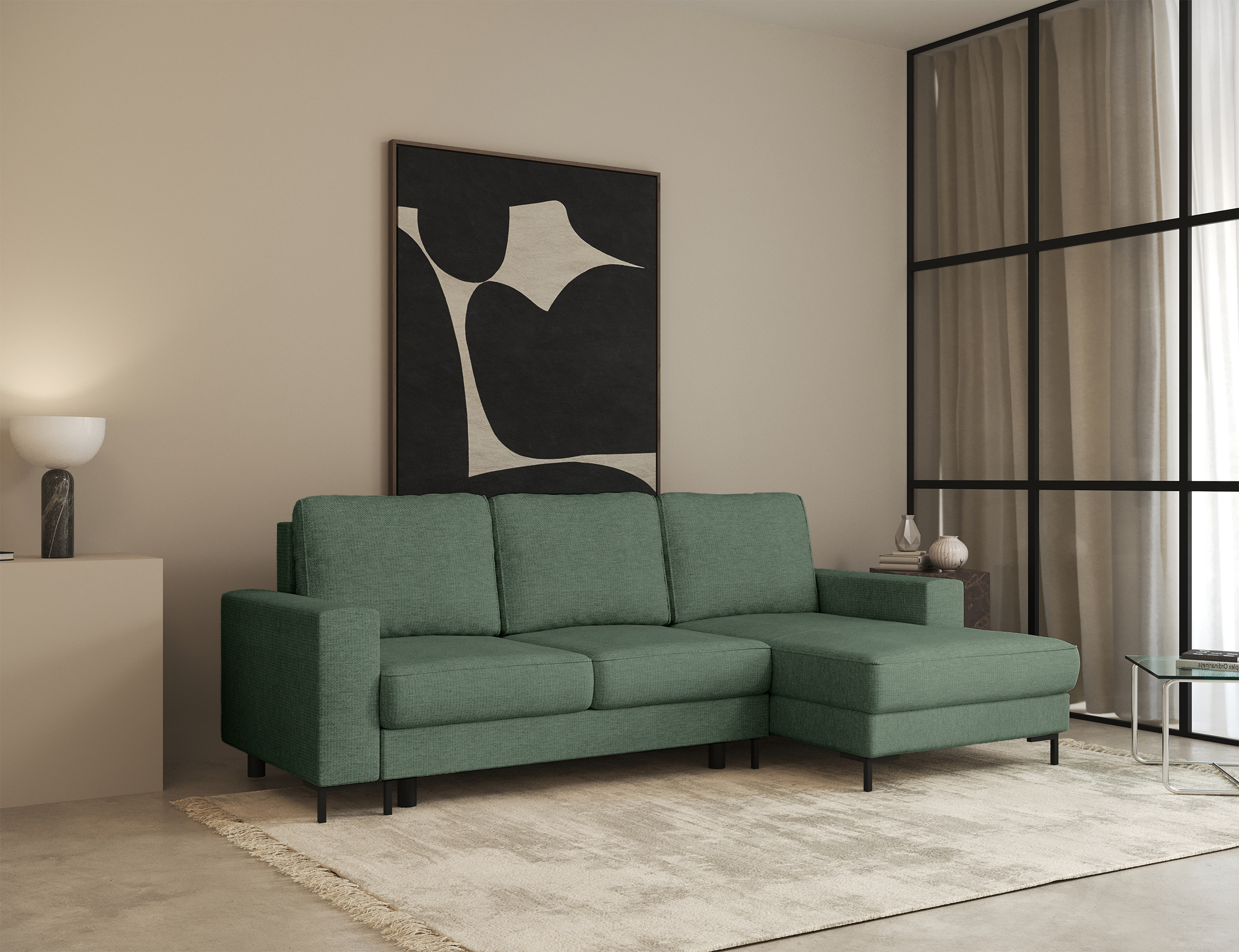 Ecksofa mit Schlaffunktion Mokpeo, L-förmig, mit zwei Stauraumfächern, auf schwarzen Füßen, Salbeigrüner Chenille, rechtsseitig