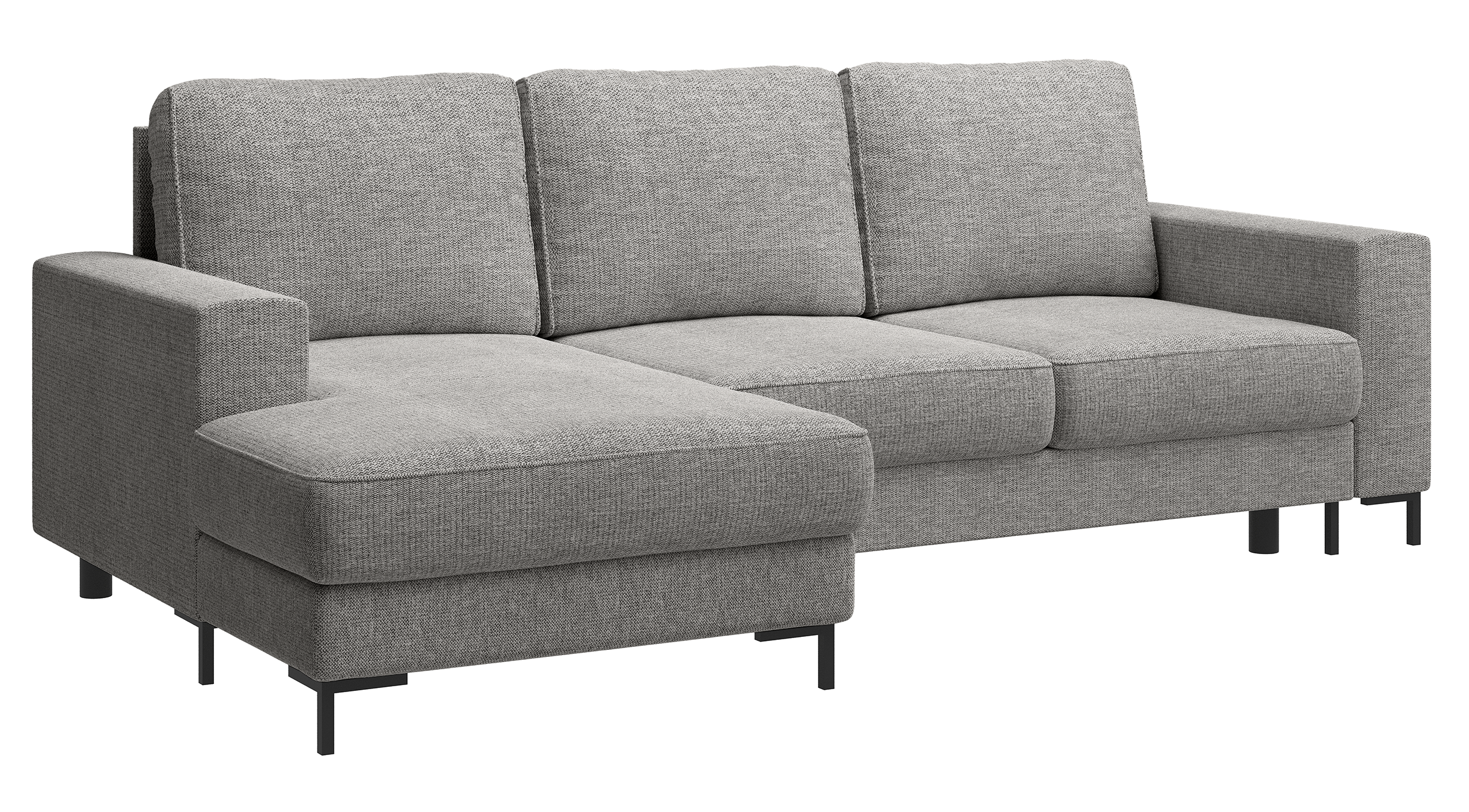 Ecksofa mit Schlaffunktion Mokpeo, L-förmig, mit zwei Stauraumfächern auf schwarzen Beinen, grauer Chenille-Stoff, linksseitig