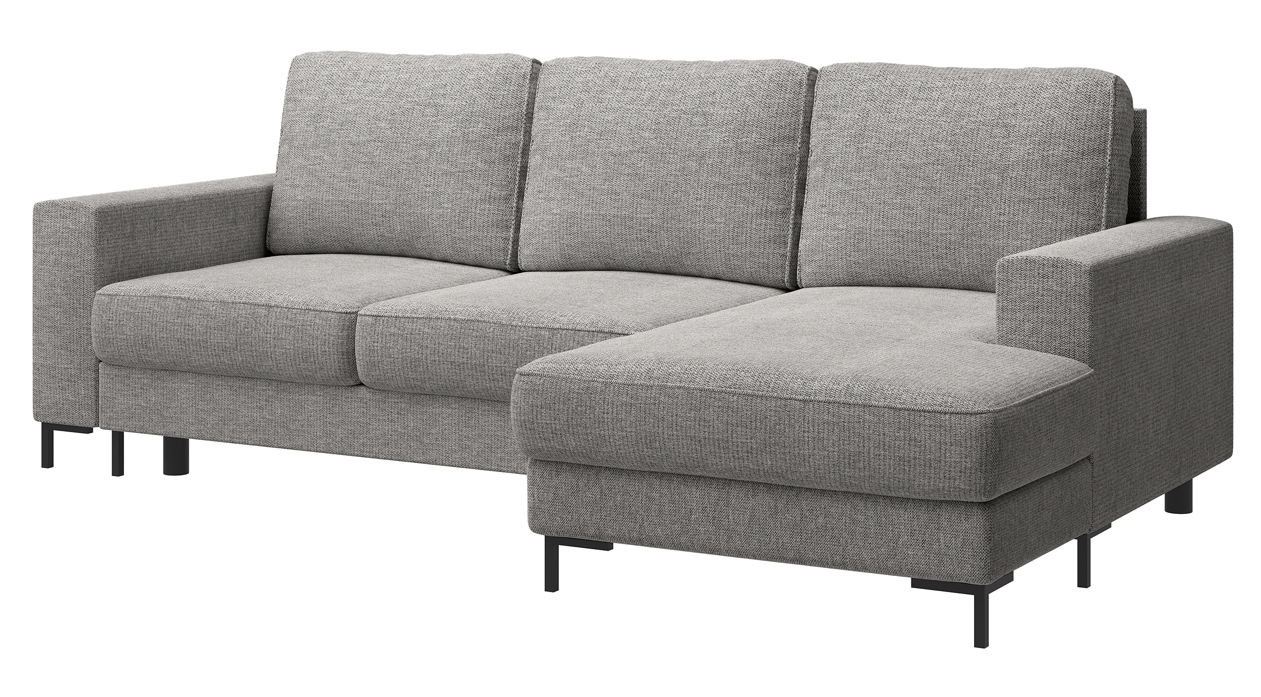 Ecksofa mit Schlaffunktion Mokpeo, L-förmig, mit zwei Stauraumfächern, schwarzen Füßen, grauer Chenille, rechtsseitig