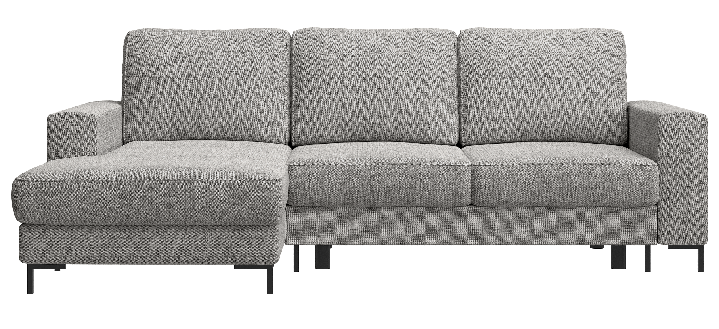 Ecksofa mit Schlaffunktion Mokpeo, L-förmig, mit zwei Stauraumfächern auf schwarzen Beinen, grauer Chenille-Stoff, linksseitig