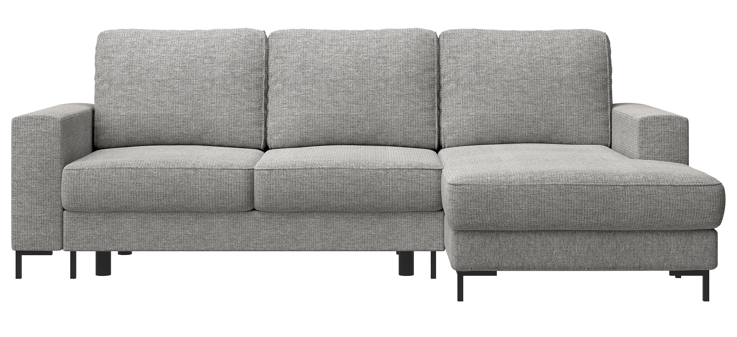 Ecksofa mit Schlaffunktion Mokpeo, L-förmig, mit zwei Stauraumfächern, schwarzen Füßen, grauer Chenille, rechtsseitig
