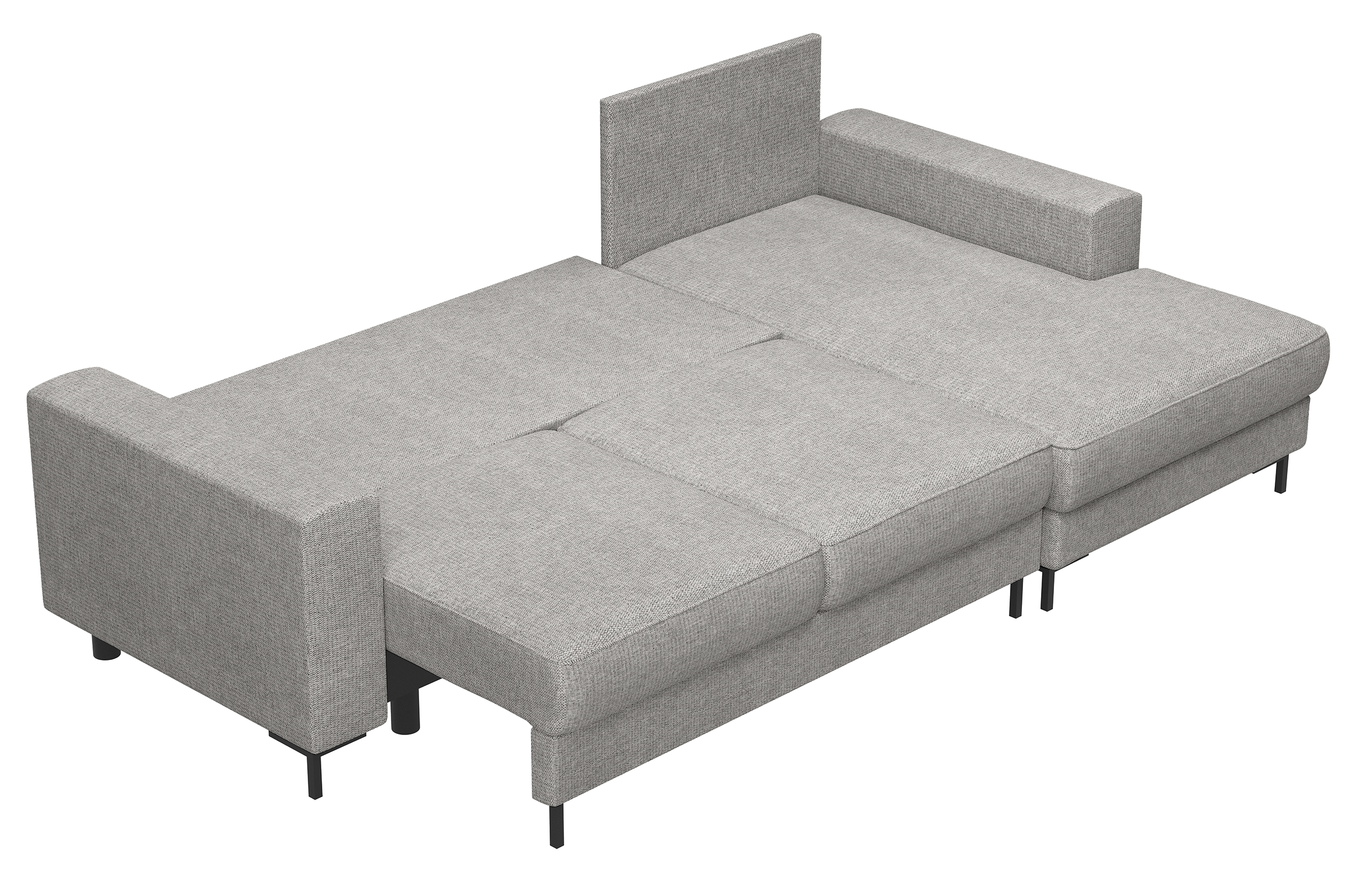 Ecksofa mit Schlaffunktion Mokpeo, L-förmig, mit zwei Stauraumfächern, schwarzen Füßen, grauer Chenille, rechtsseitig