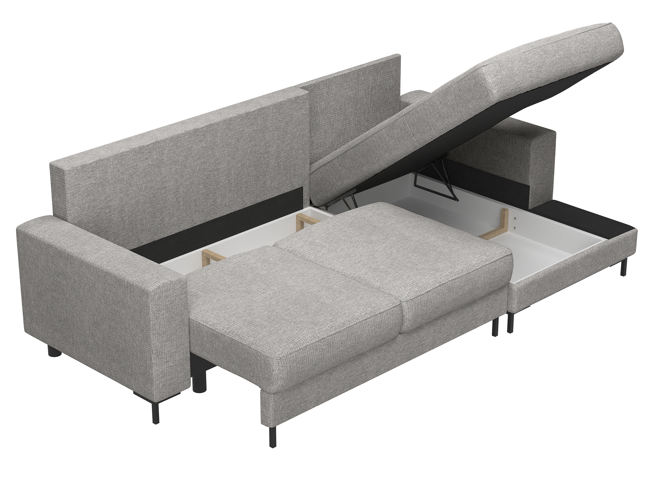 Ecksofa mit Schlaffunktion Mokpeo, L-förmig, mit zwei Stauraumfächern, schwarzen Füßen, grauer Chenille, rechtsseitig