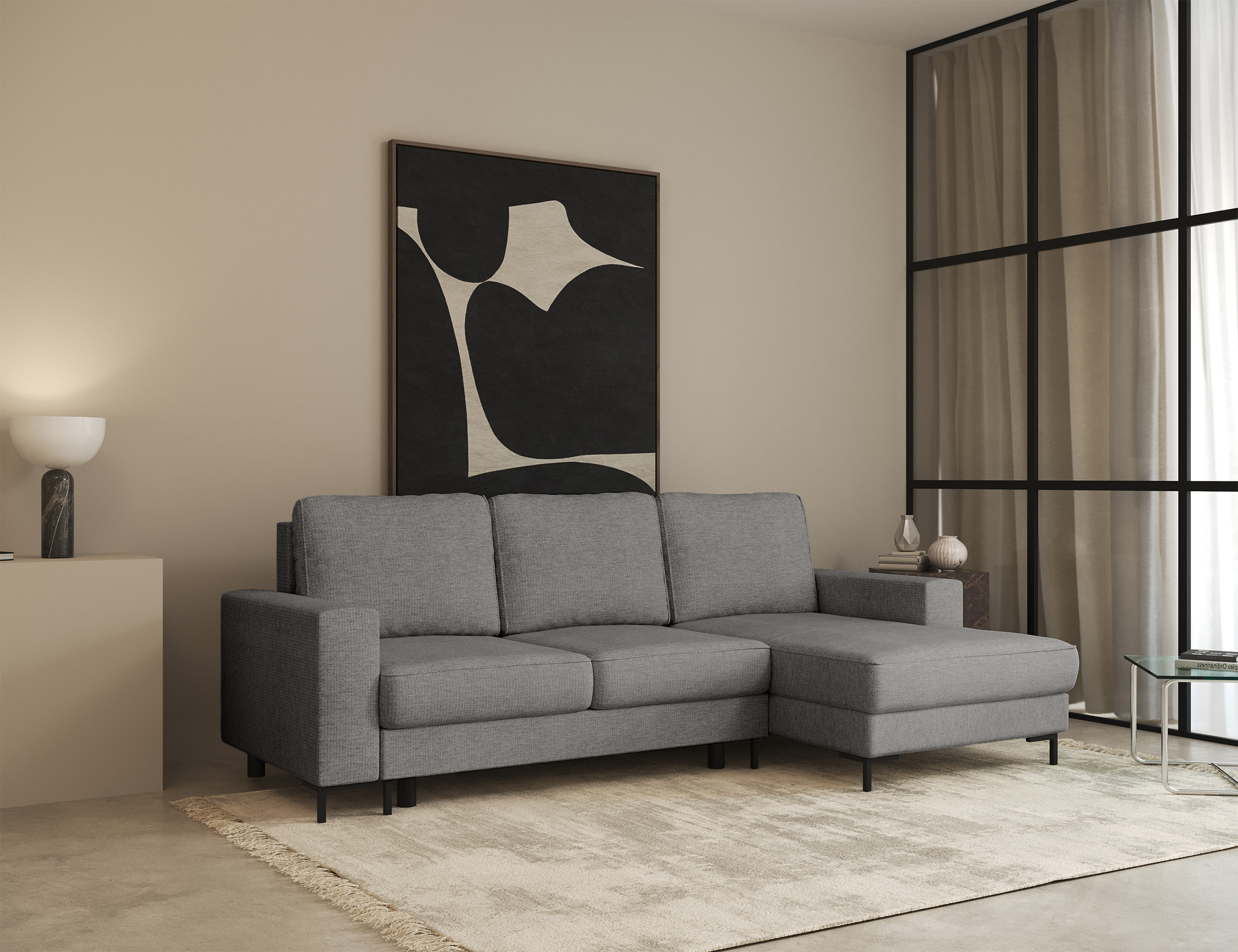 Ecksofa mit Schlaffunktion Mokpeo, L-förmig, mit zwei Stauraumfächern, schwarzen Füßen, grauer Chenille, rechtsseitig