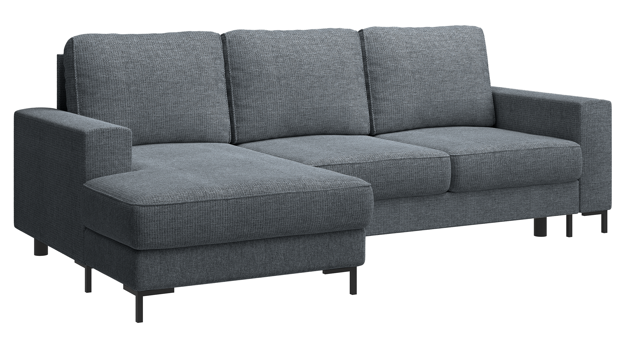 Ecksofa mit Schlaffunktion Mokpeo, L-förmig, mit zwei Stauraumfächern, schwarzen Füßen, dunkelgrauer Chenille, linksseitig