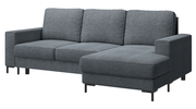 Ecksofa mit Schlafunktion Mokpeo, L-förmig, mit zwei Stauraumfächern, schwarzen Füßen, dunkelgrauer Chenille, rechtsseitig
