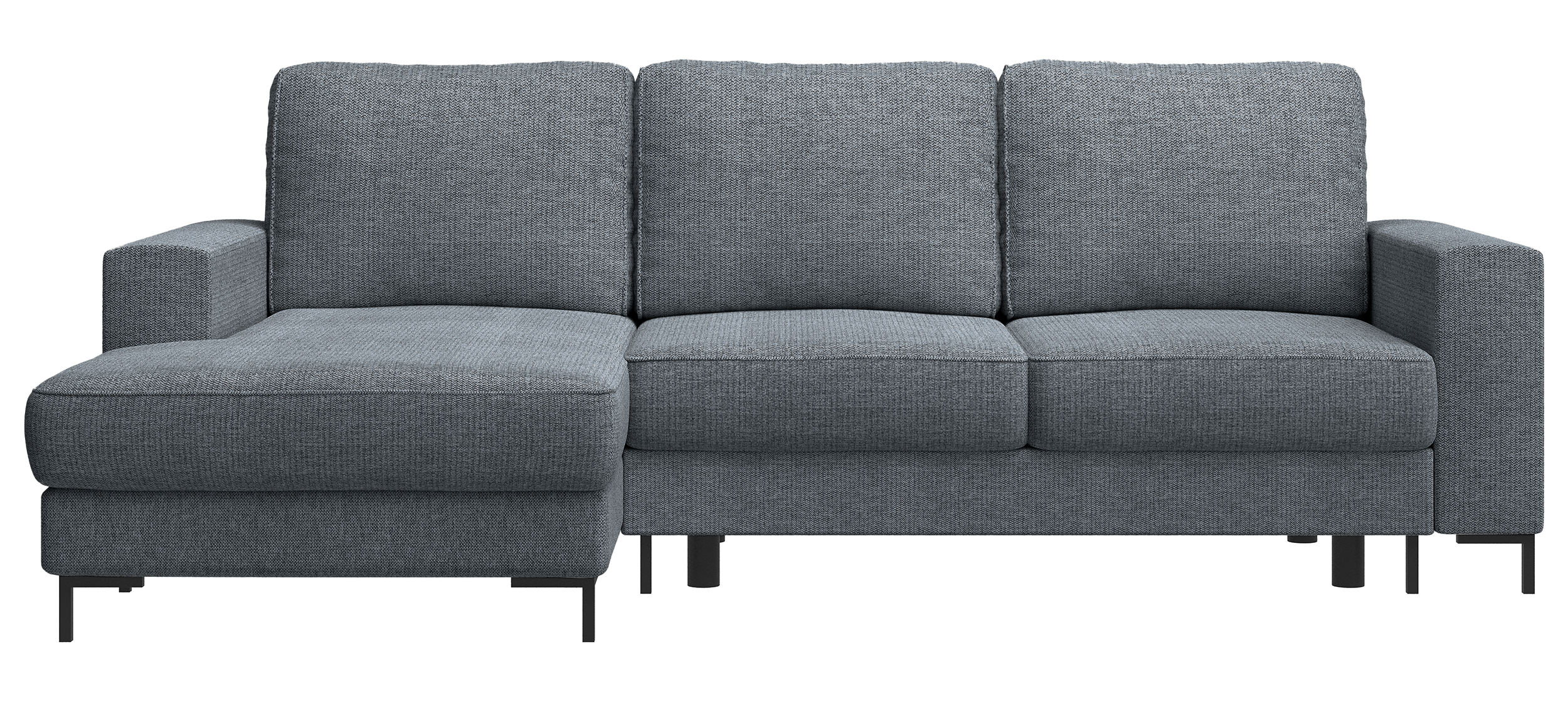 Ecksofa mit Schlaffunktion Mokpeo, L-förmig, mit zwei Stauraumfächern, schwarzen Füßen, dunkelgrauer Chenille, linksseitig