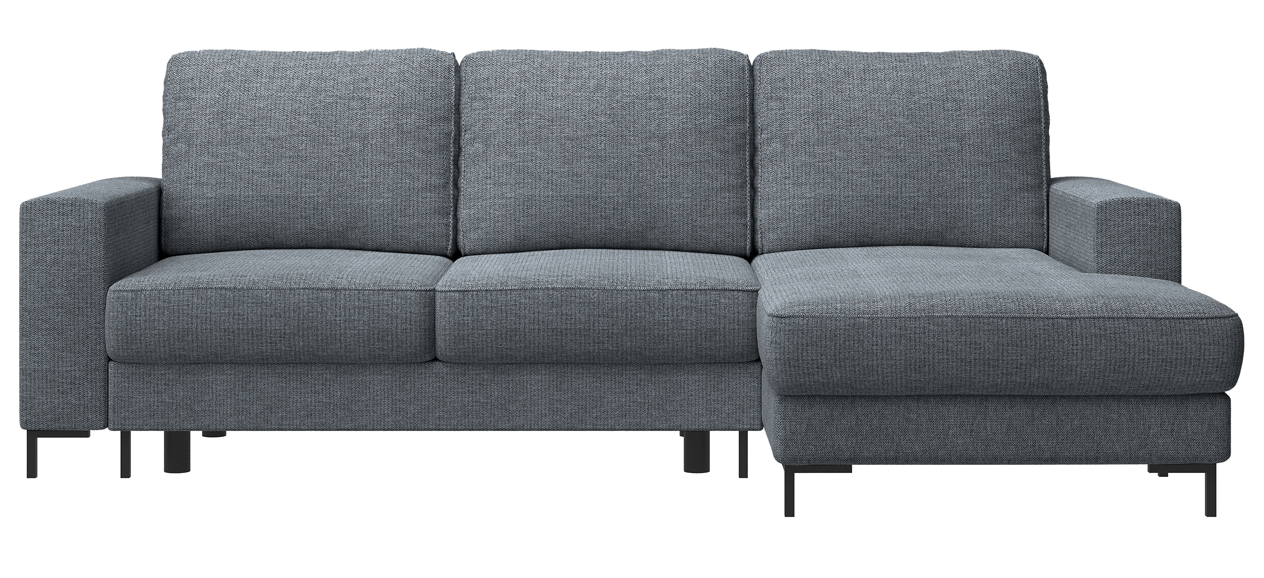 Ecksofa mit Schlafunktion Mokpeo, L-förmig, mit zwei Stauraumfächern, schwarzen Füßen, dunkelgrauer Chenille, rechtsseitig