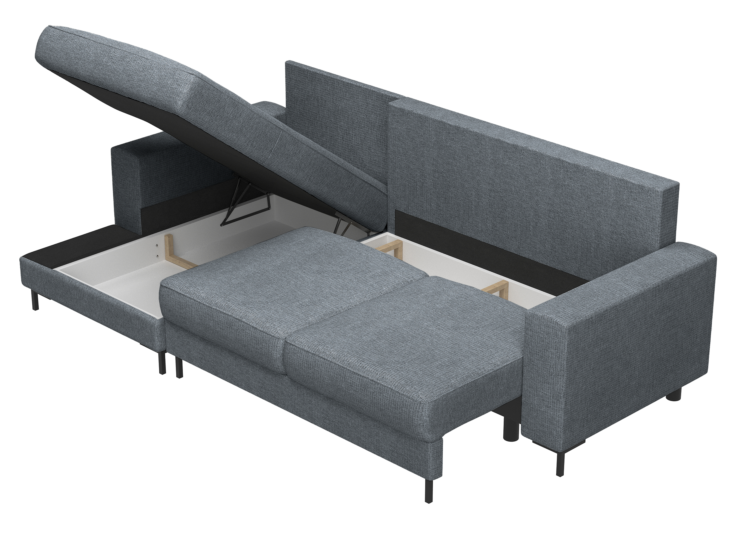 Ecksofa mit Schlaffunktion Mokpeo, L-förmig, mit zwei Stauraumfächern, schwarzen Füßen, dunkelgrauer Chenille, linksseitig
