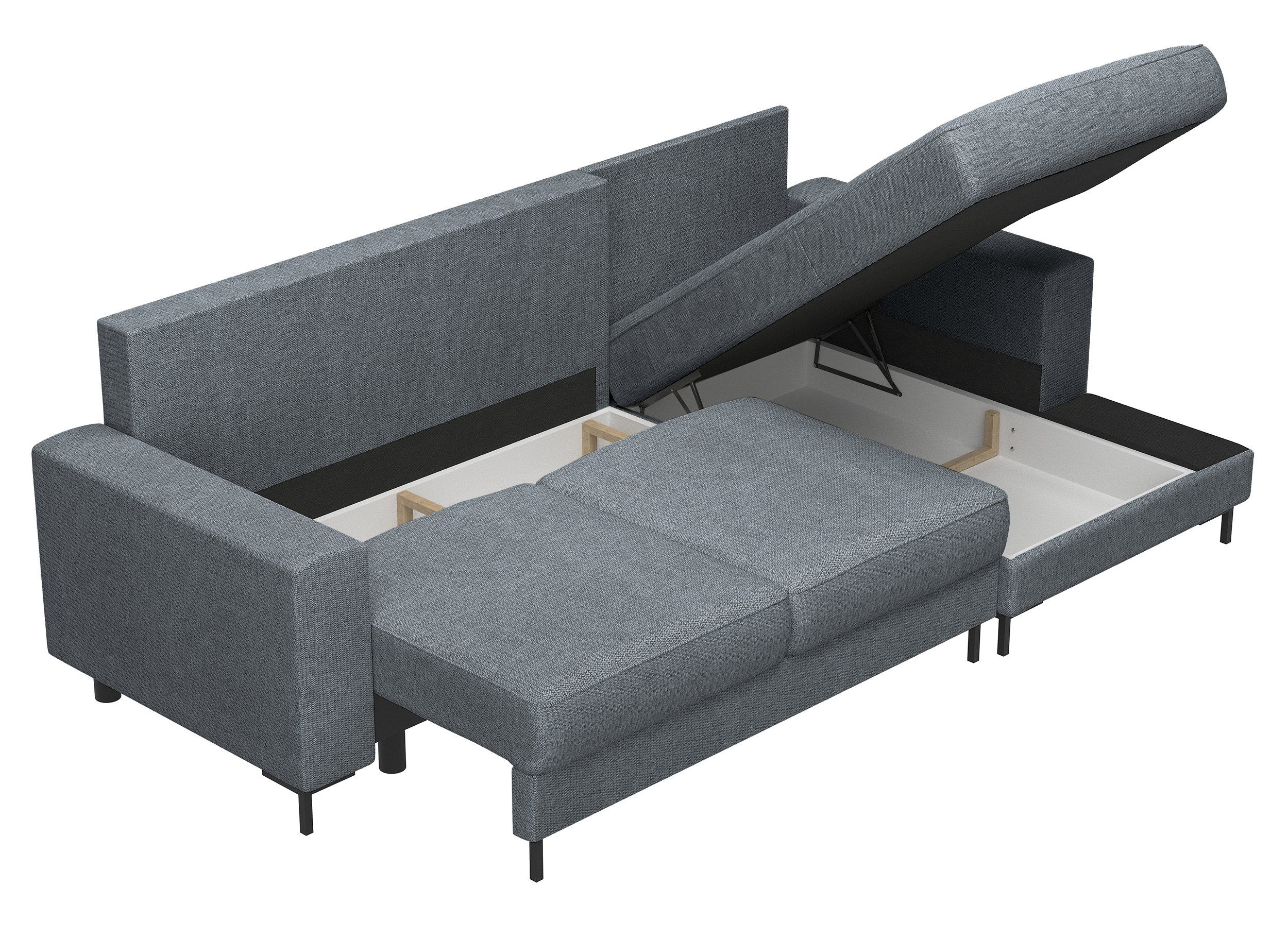 Ecksofa mit Schlafunktion Mokpeo, L-förmig, mit zwei Stauraumfächern, schwarzen Füßen, dunkelgrauer Chenille, rechtsseitig