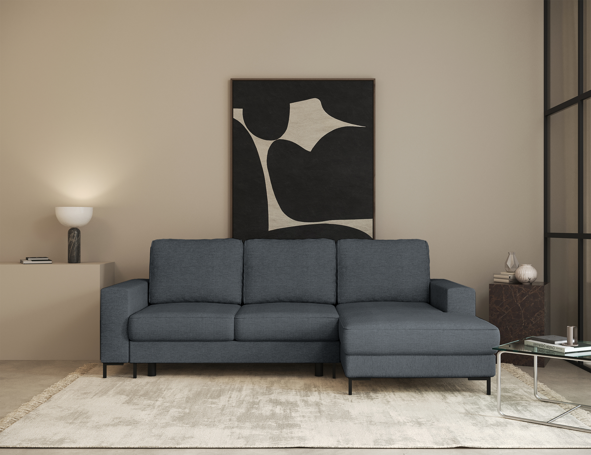 Ecksofa mit Schlafunktion Mokpeo, L-förmig, mit zwei Stauraumfächern, schwarzen Füßen, dunkelgrauer Chenille, rechtsseitig